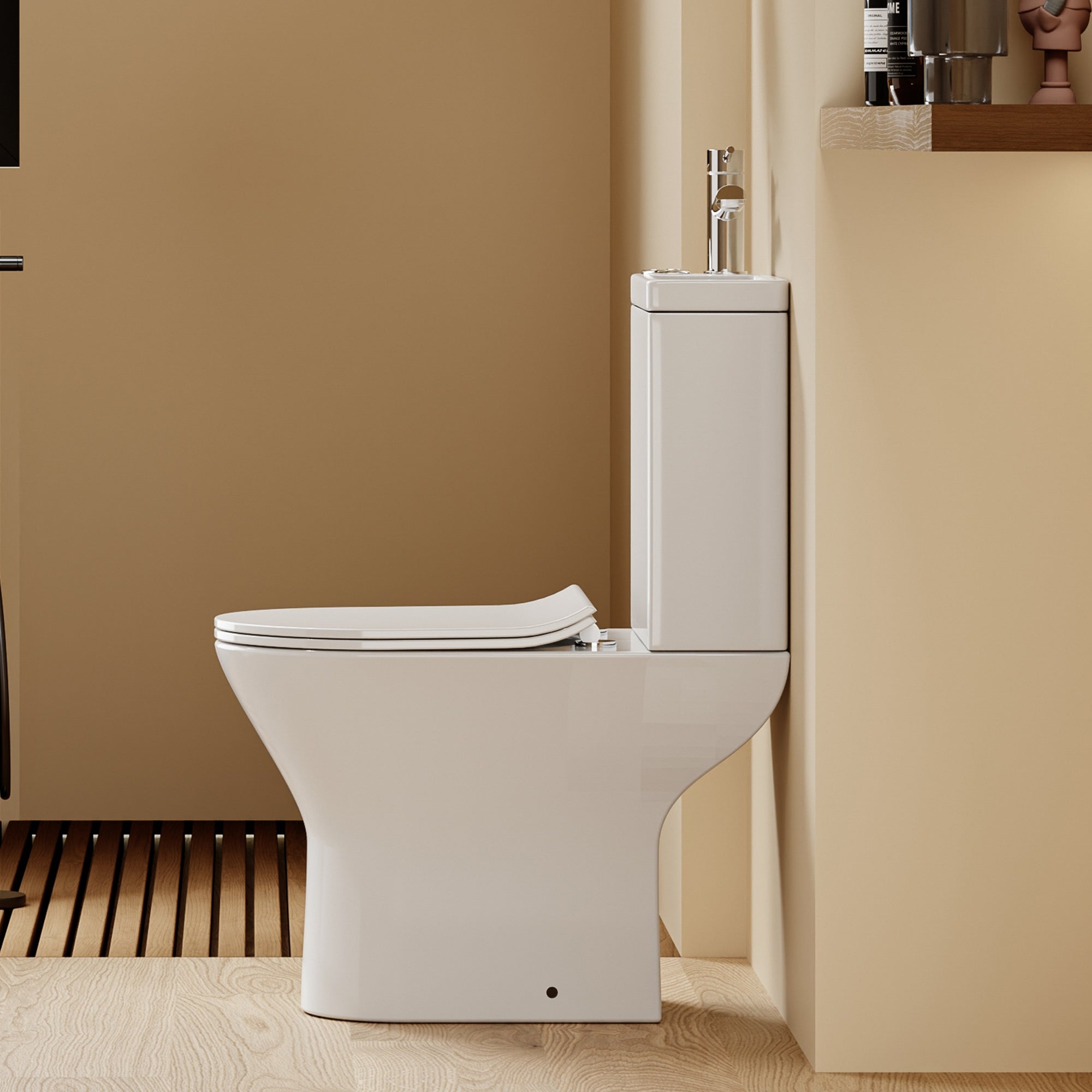 WC à poser avec lave-mains intégré 2-en-1 sans bride sortie horizontale