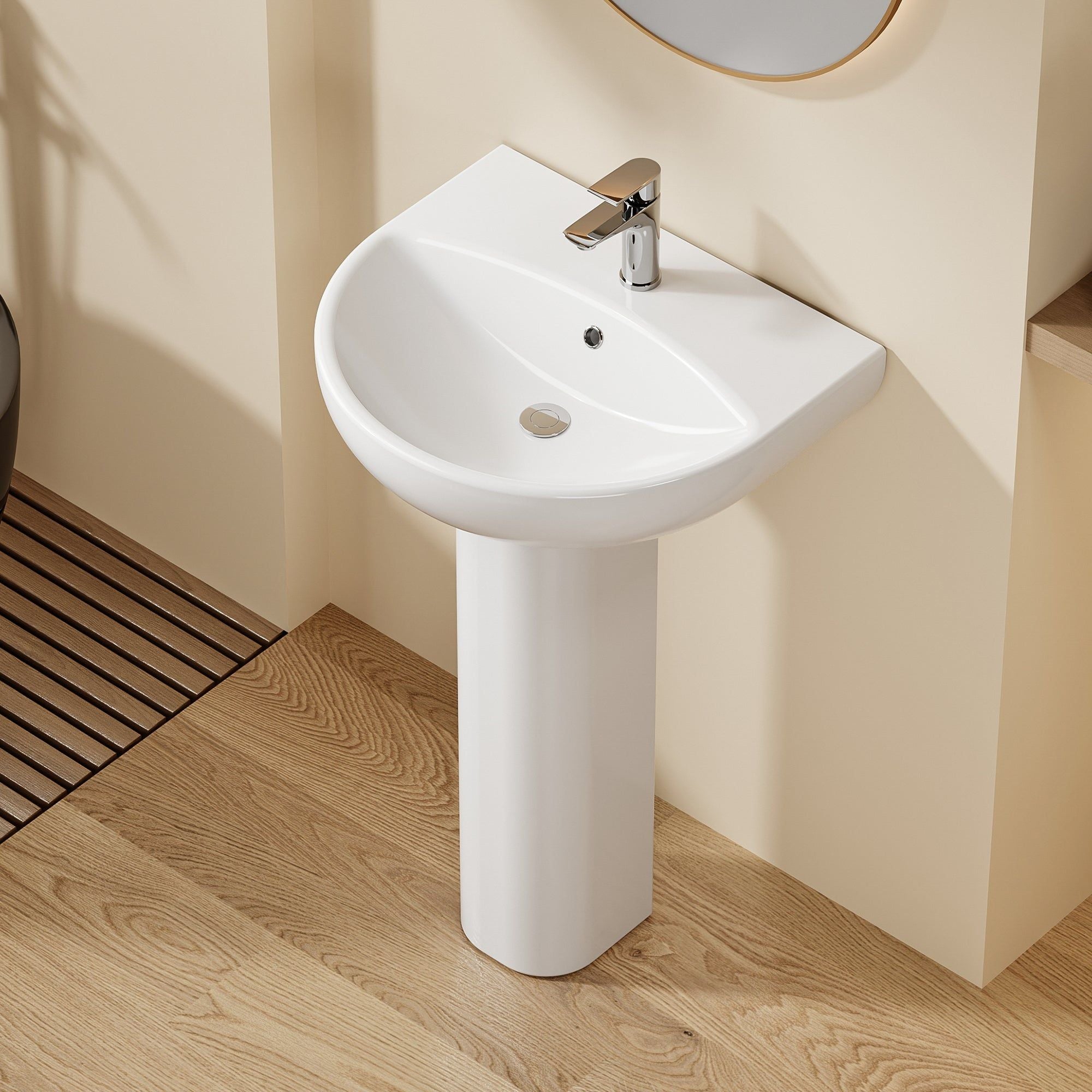 Lavabo sur pied colonne moderne en céramique blanche, design arrondi