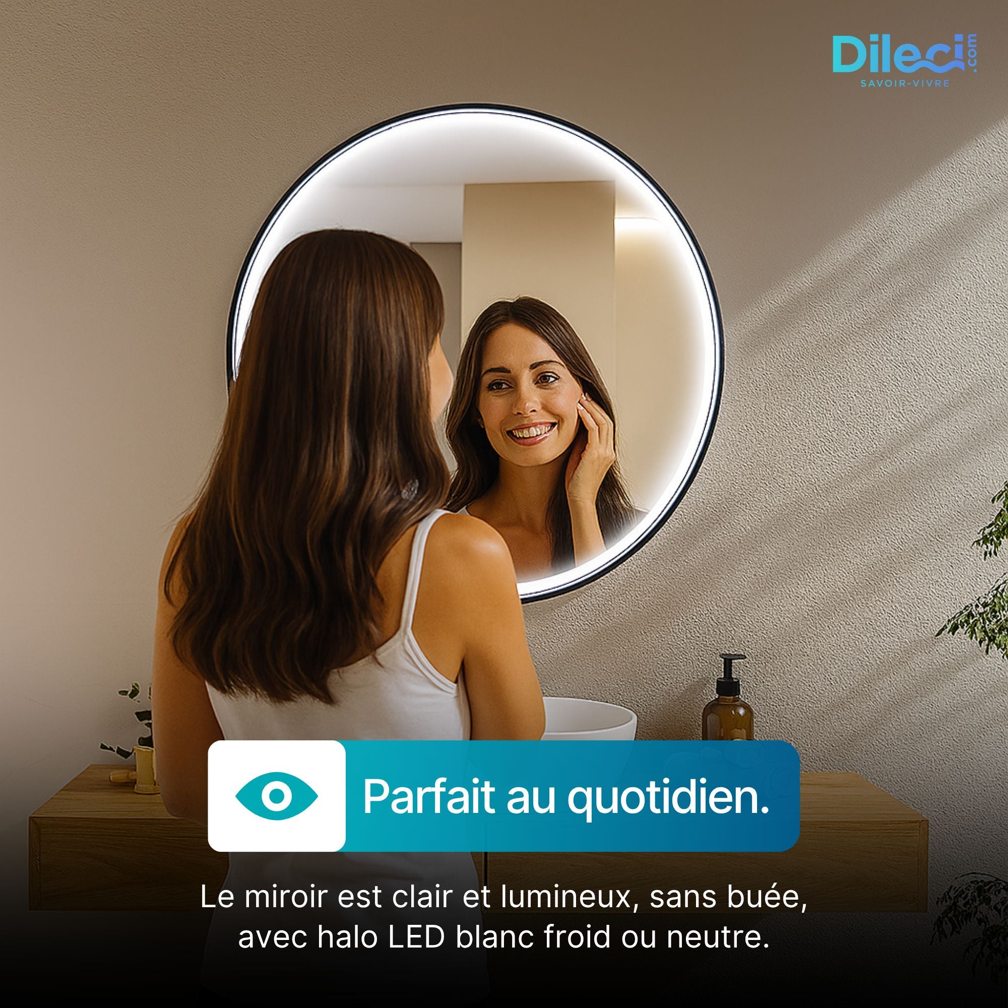 Miroir rond LED avec cadre aluminium noir ⌀70cm