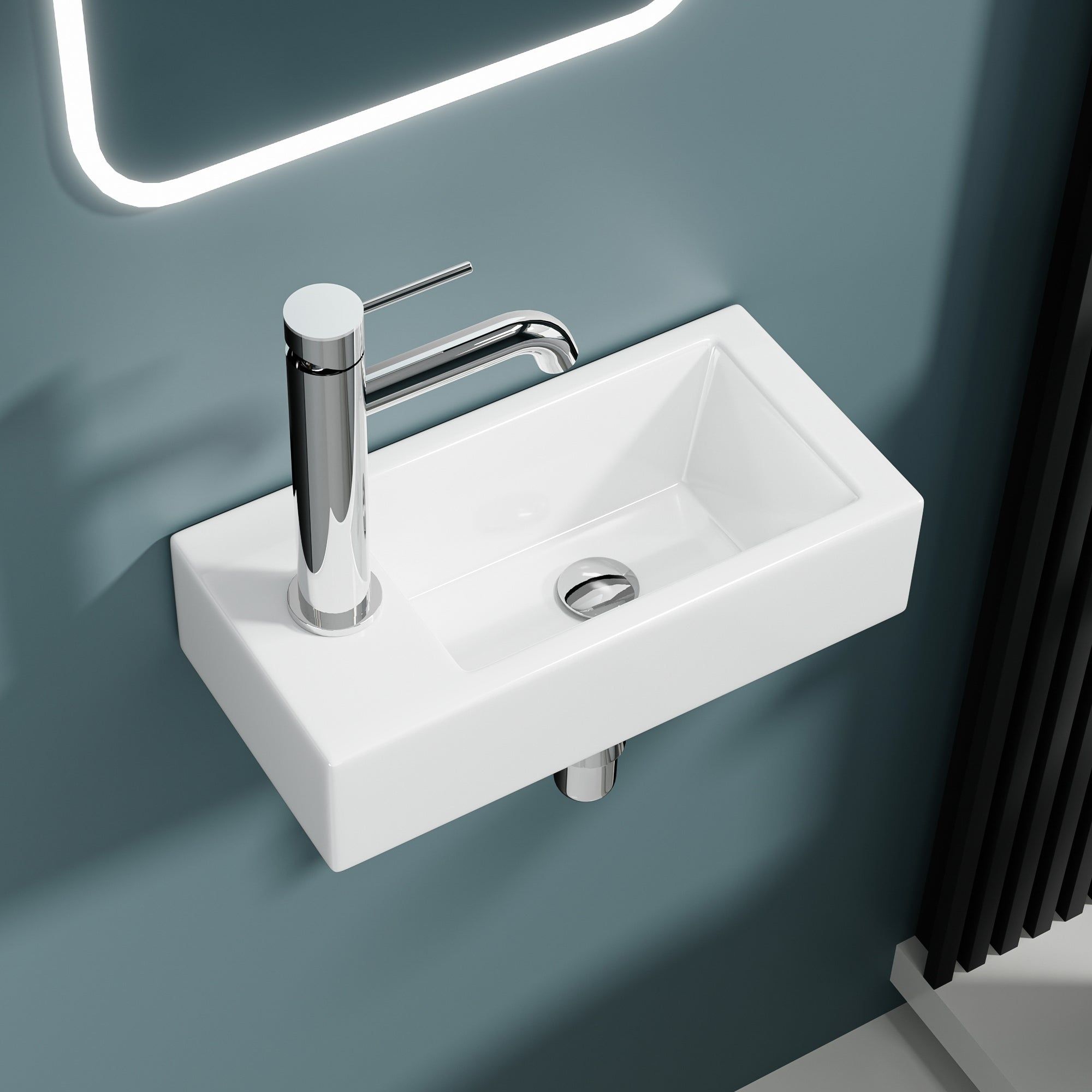 Vasque lave-mains sortie gauche : Lavabo mural contemporain (36,5x18x9cm) avec robinetterie chromée.