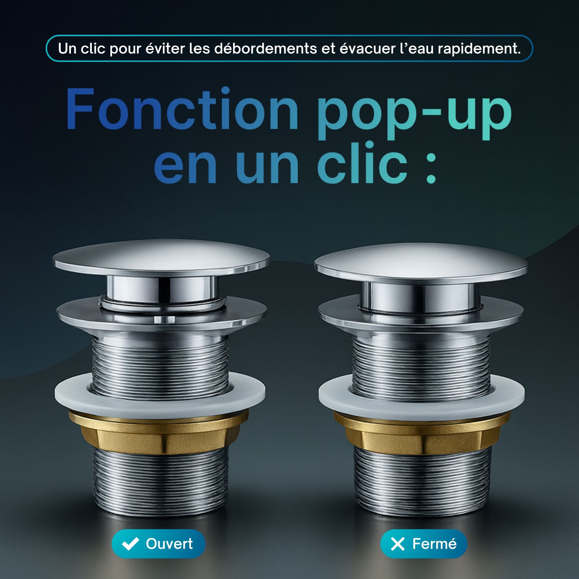 Bonde clic-clac Chrome/argent : bonde d'évier chromée, design à clapet, facile à utiliser en un clic. Positions ouverte et fermée illustrées.