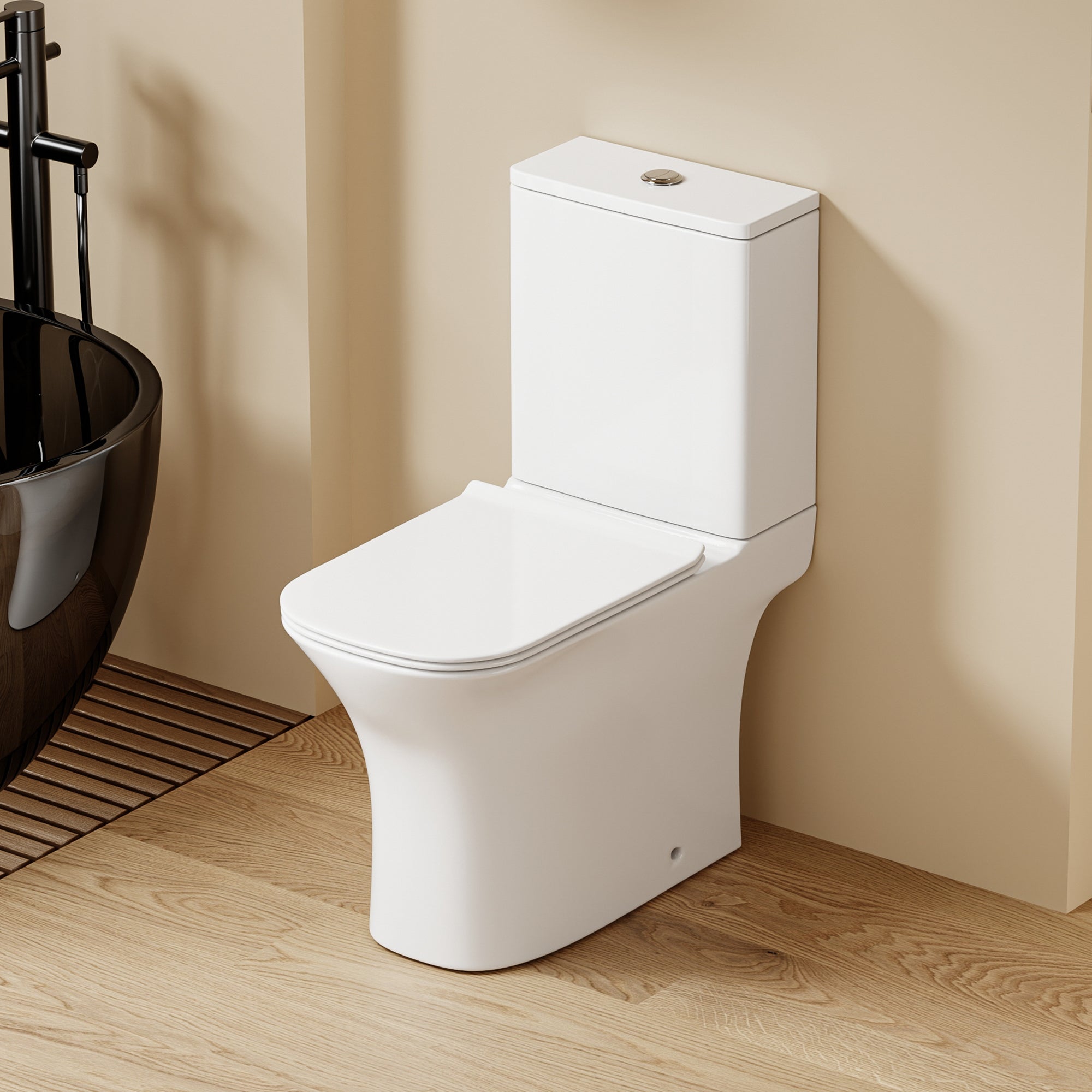 WC à poser sans bride sortie horizontale (63x34x76cm) - Design rectiligne blanc FREKI