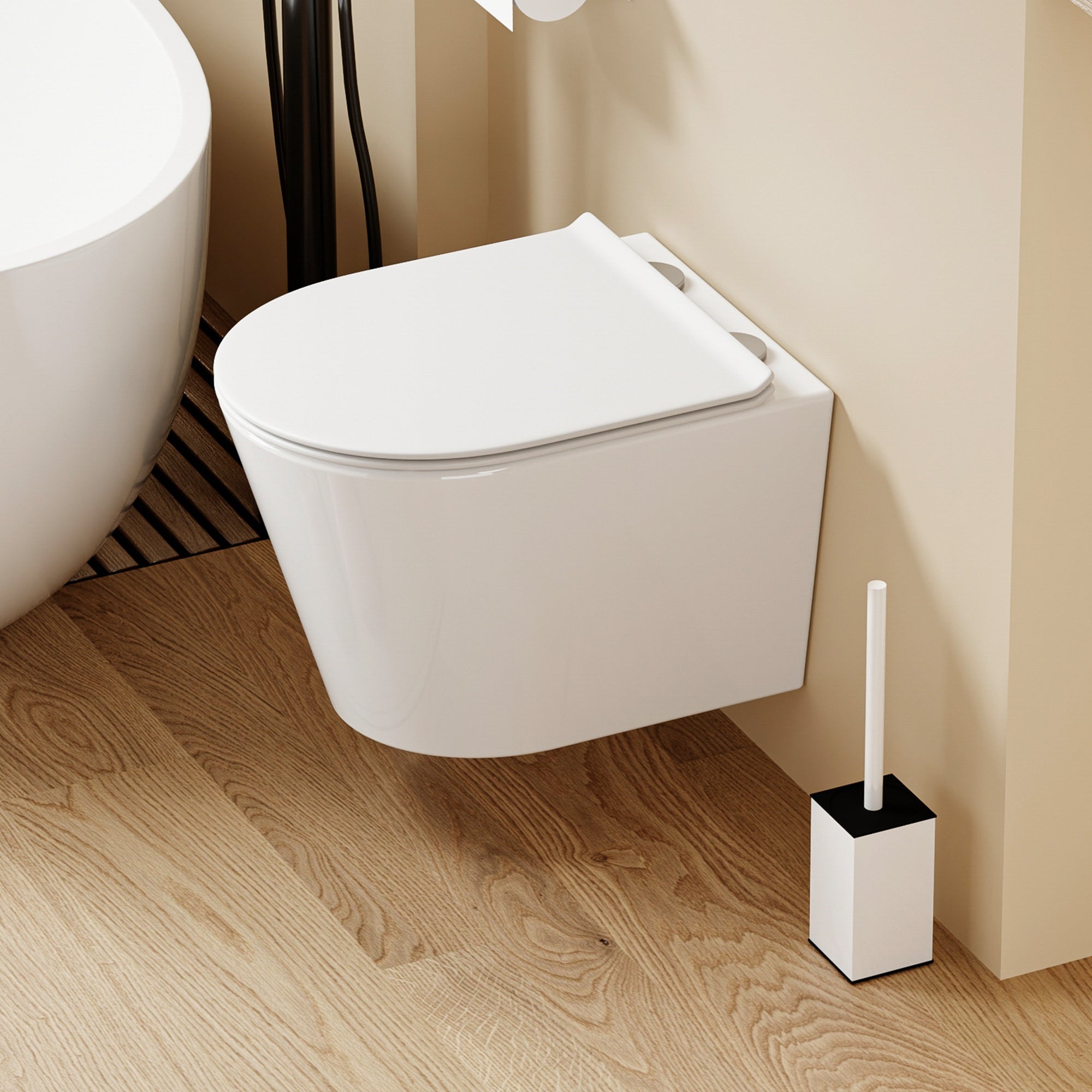 WC suspendu blanc SOLEIL, design moderne, dimensions 49x36,5x32 cm, avec abattant Soft Close.