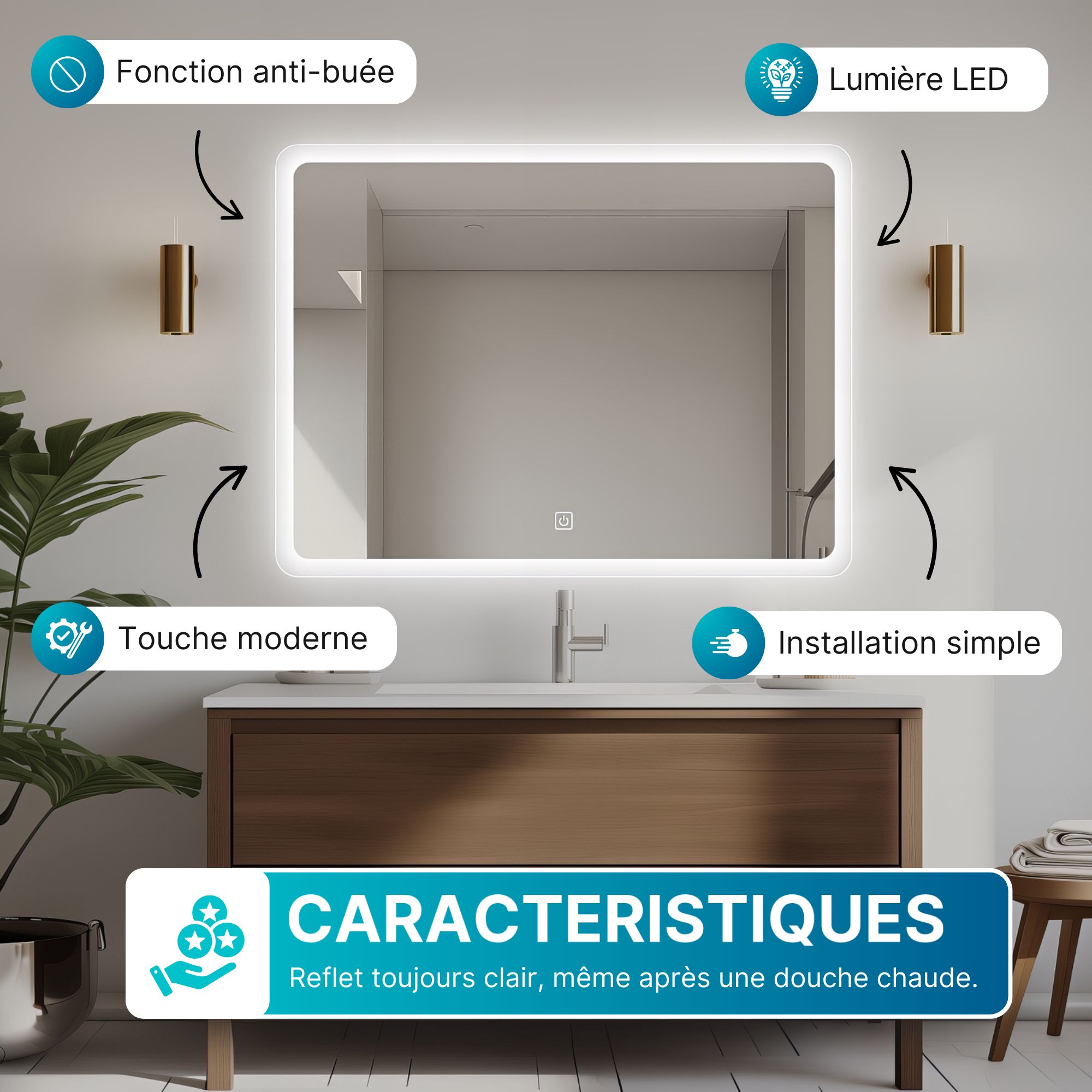 Miroir LED Rectangulaire 100 x 70 cm avec Contour Givré