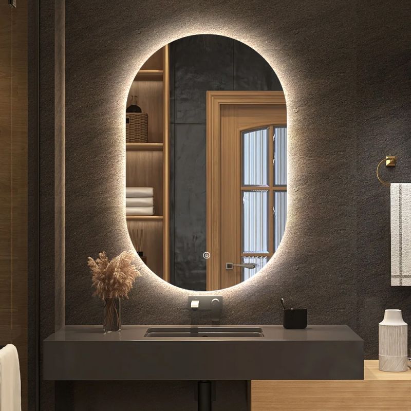 Miroir ovale LED 50x80cm : Miroir de salle de bain ovale éclairé avec éclairage LED, parfait pour les salles de bain modernes.