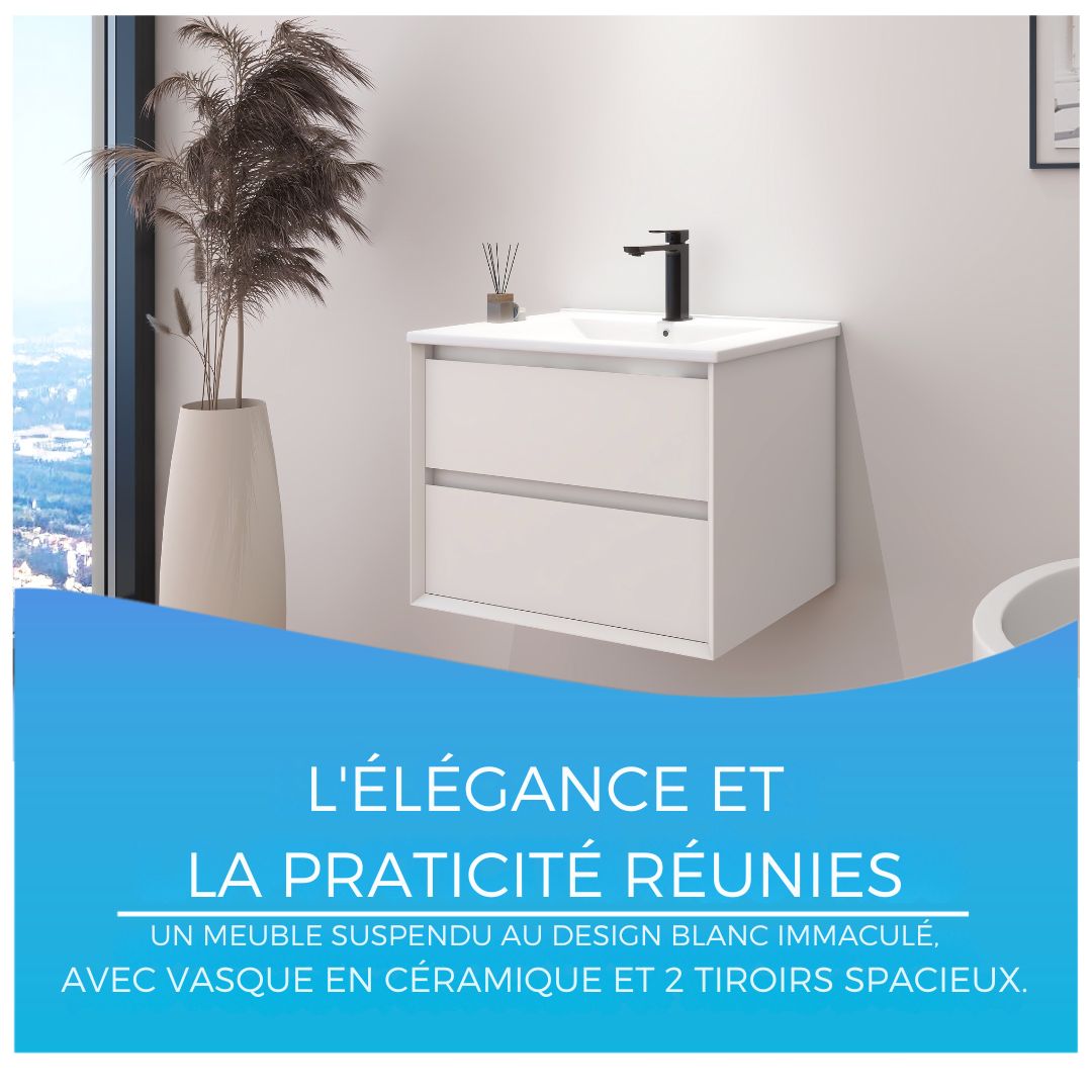 Meuble suspendu avec vasque intégrée blanc et deux tiroirs en largeur 60 cm