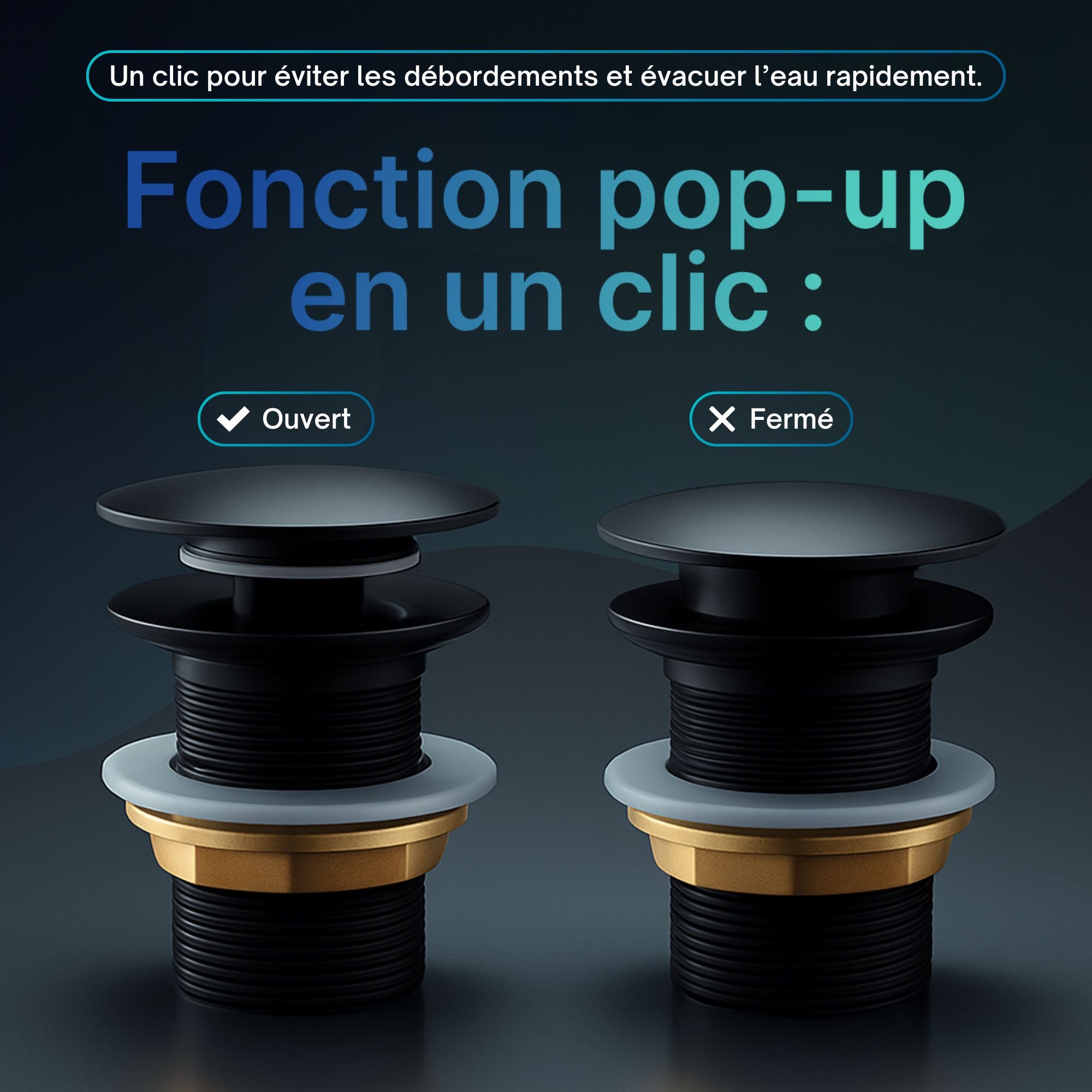 Bonde Pop-Up noir mat : Bonde pop-up noir mat pour lavabo, ouverture et fermeture en un clic. Installation facile dans la salle de bain ou la cuisine.