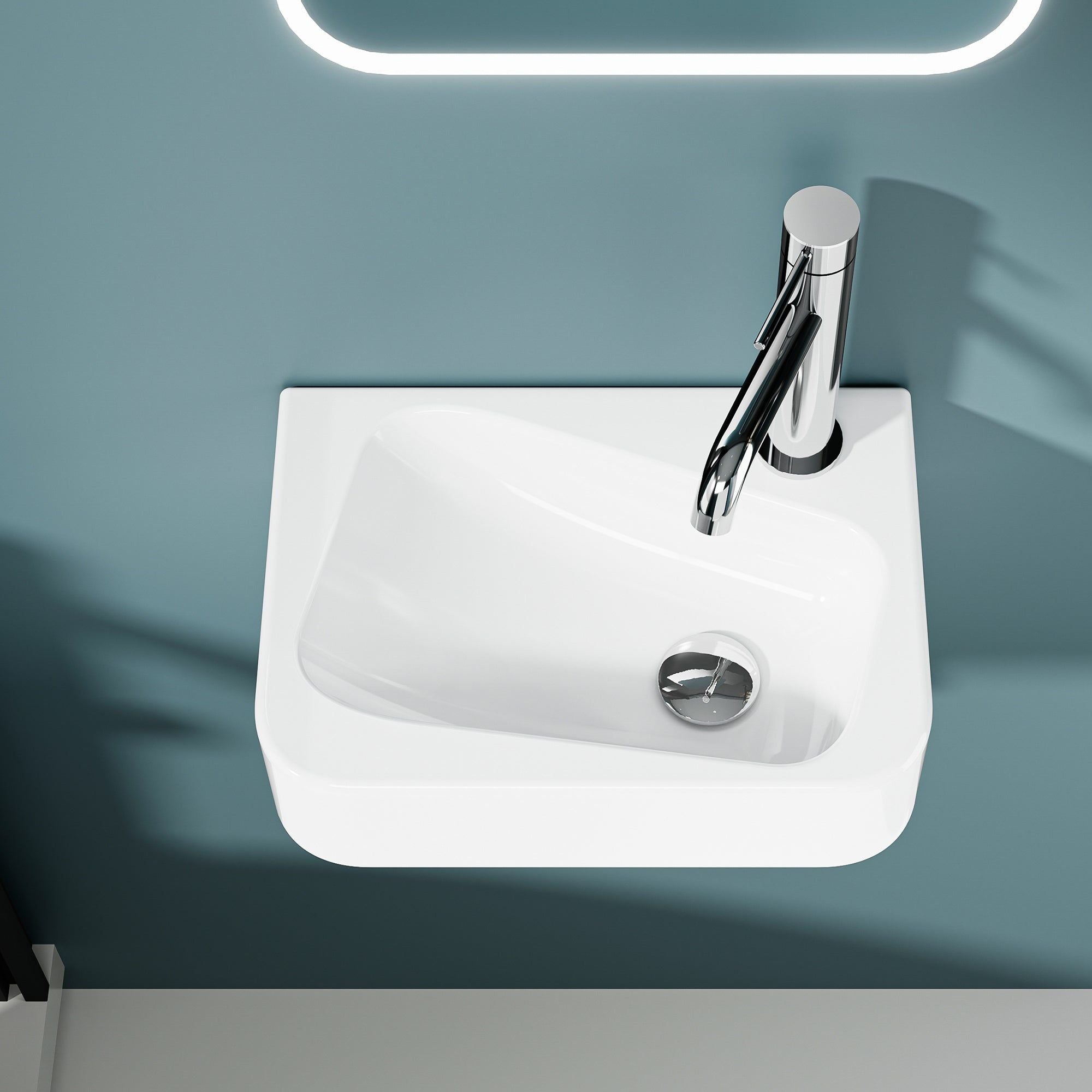 Lavabo mural en céramique blanche avec robinet droit, dimensions 36 par 25,5 cm, design PICASSO.