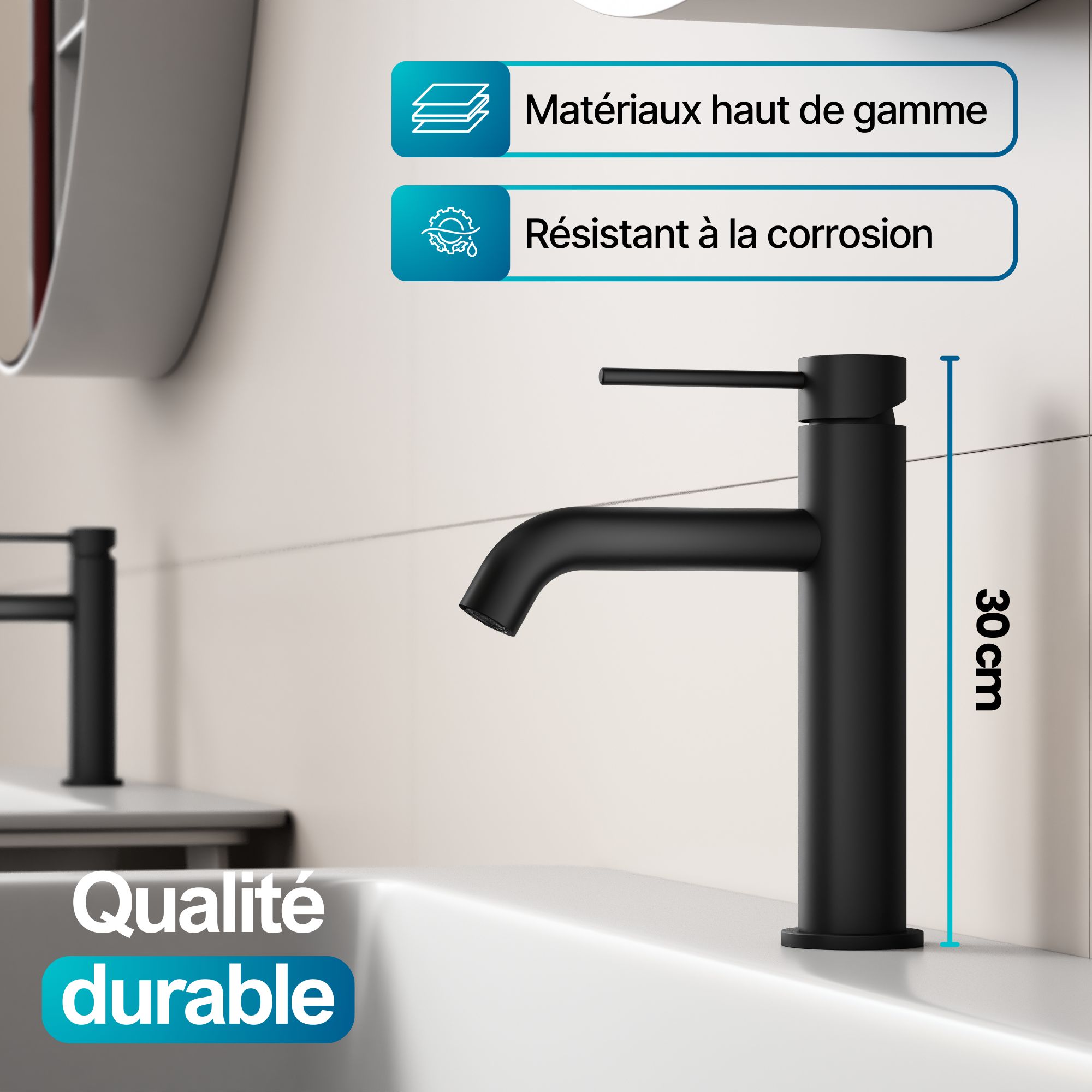 Robinet à bec moyen noir mat: mitigeur lavabo noir mat résistant à la corrosion, matériaux haut de gamme, qualité durable, 30cm