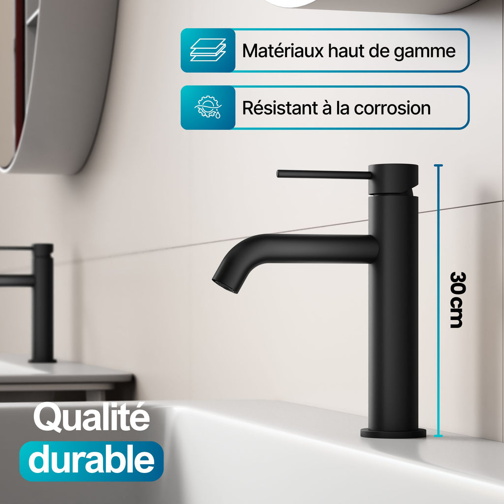Robinet à bec moyen noir mat: mitigeur lavabo noir mat résistant à la corrosion, matériaux haut de gamme, qualité durable, 30cm