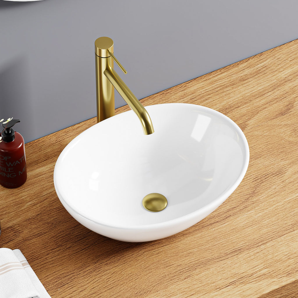 Lavabo de salle de bain ovale en céramique blanche (41,5 x 33,5 cm), design moderne, robinetterie dorée
