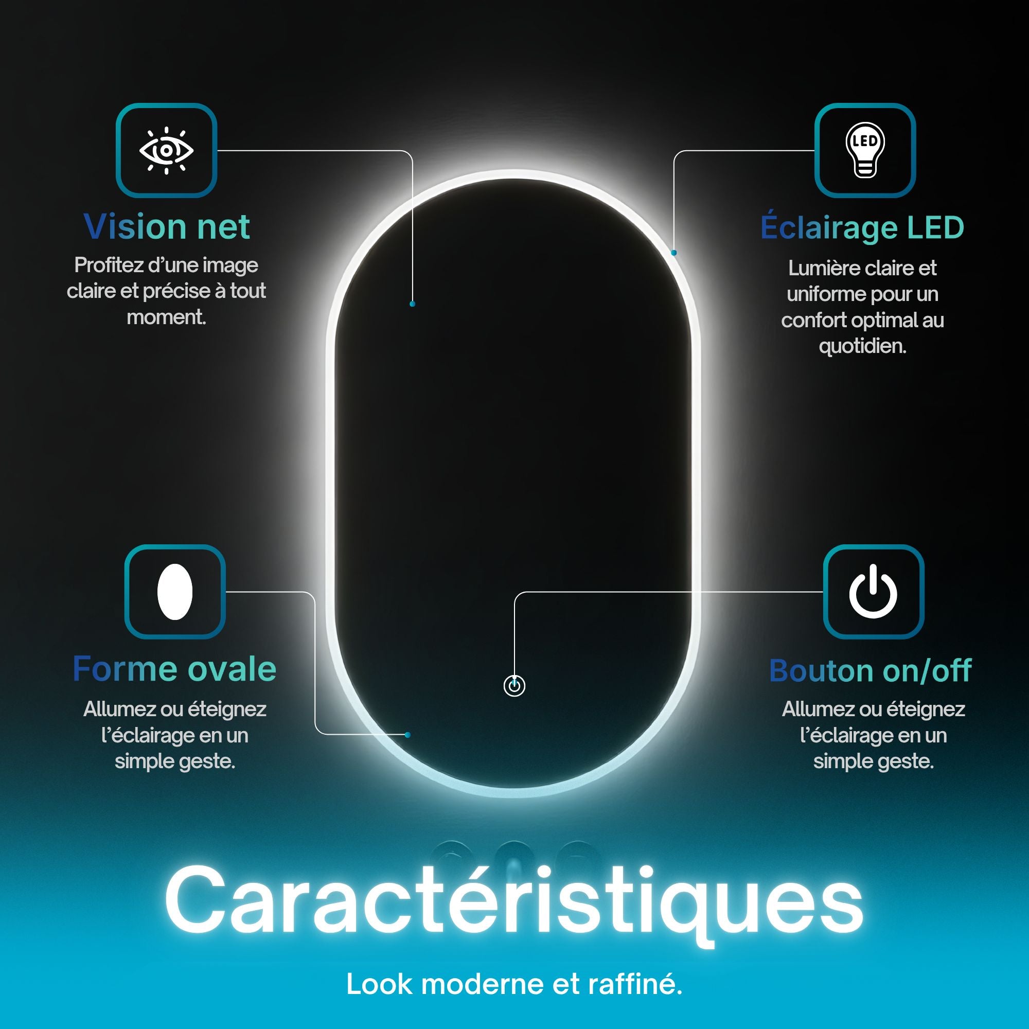 Miroir Ovale Lumineux LED 50×80 cm : Vision nette, éclairage uniforme, allumage facile.