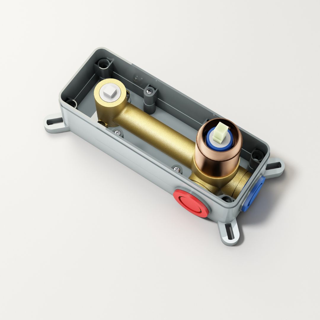 Robinet à bec encastré thermostatique couleur cuivre:  Internal view of a concealed thermostatic copper faucet, showing its internal components and plumbing connections.