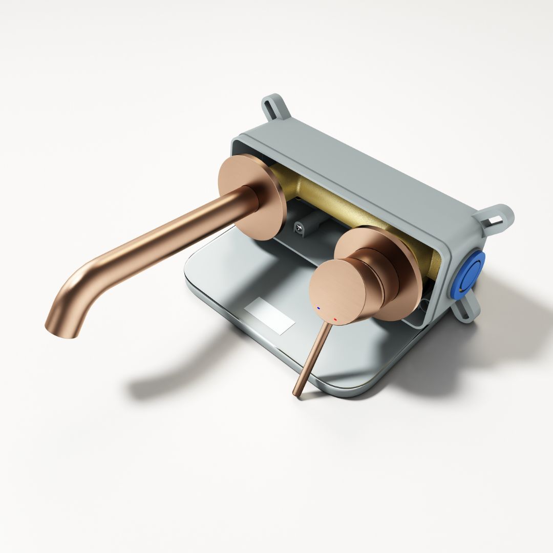 Robinet à bec encastré thermostatique couleur cuivre:  Copper thermostatic built-in faucet with modern design.