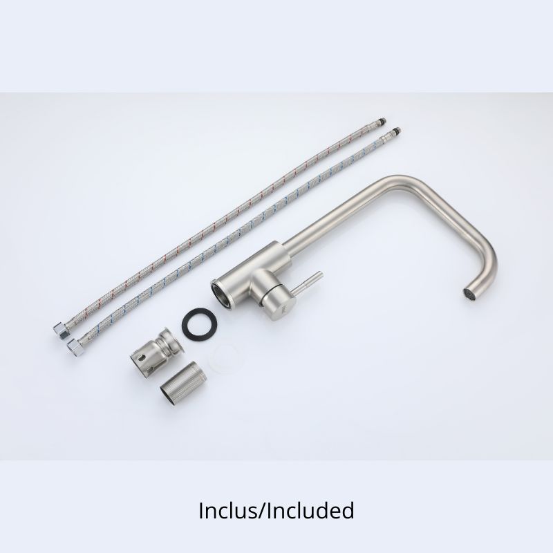 Robinet de cuisine à col de cygne en nickel brossé : conception intemporelle, comprend les pièces d'installation.