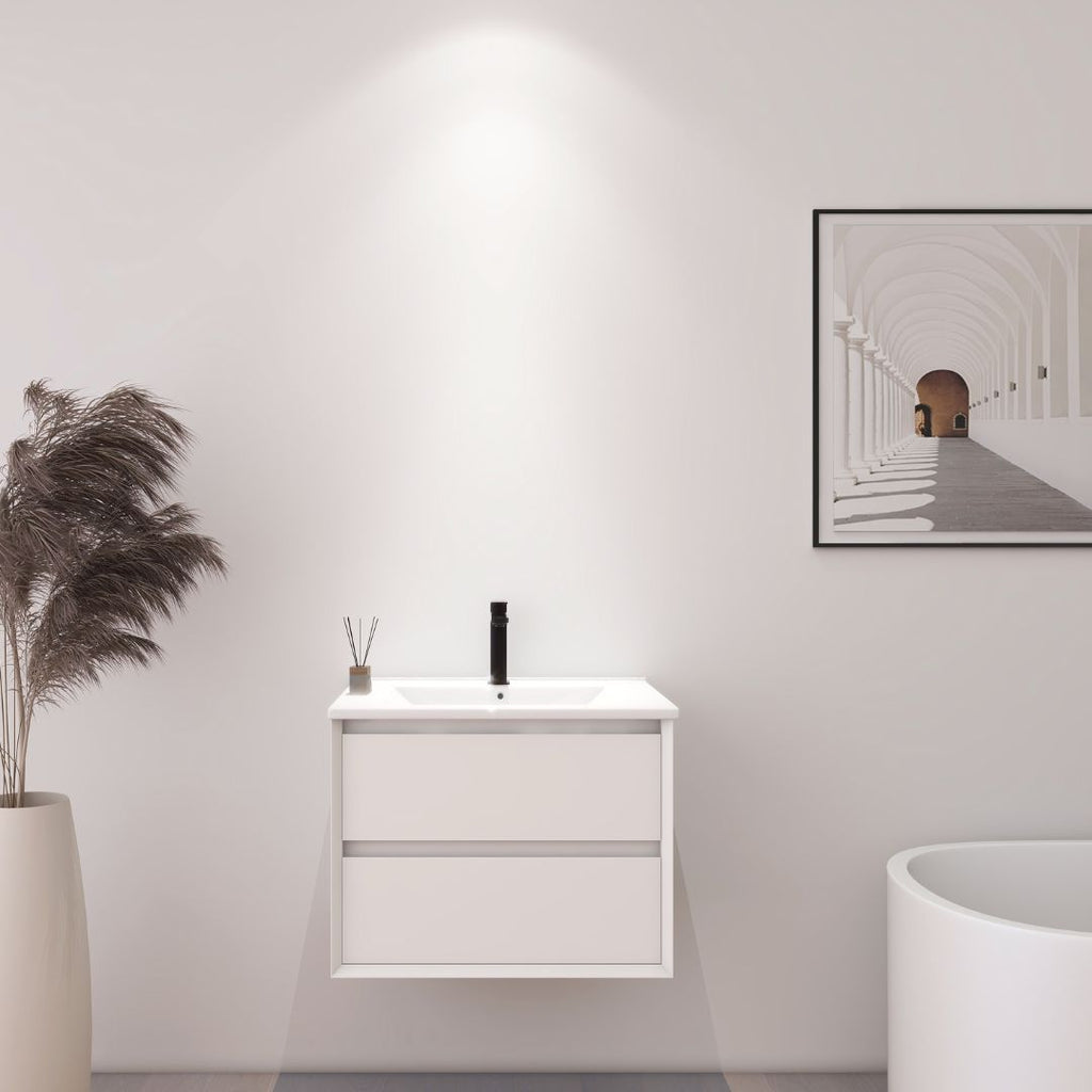 Meuble de salle de bain mural blanc de 60 cm avec lavabo intégré et deux tiroirs