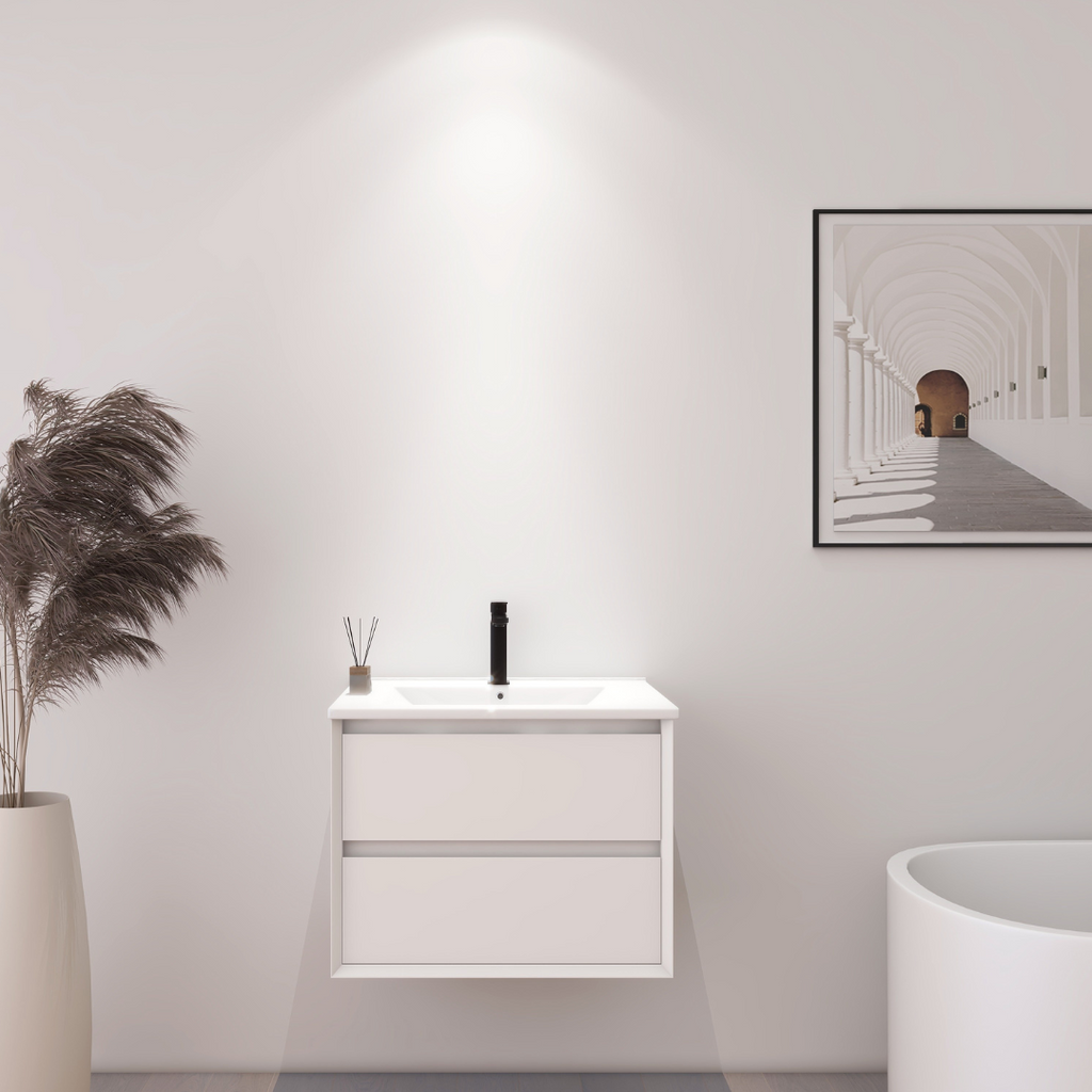 Meuble de salle de bain mural blanc de 60 cm avec lavabo intégré et deux tiroirs