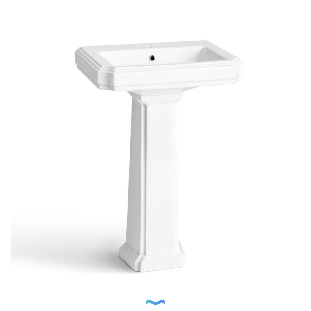 Lavabo sur pied Chelsea Retro White : Lavabo de salle de bain élégant en céramique blanche avec une base sur pied classique.