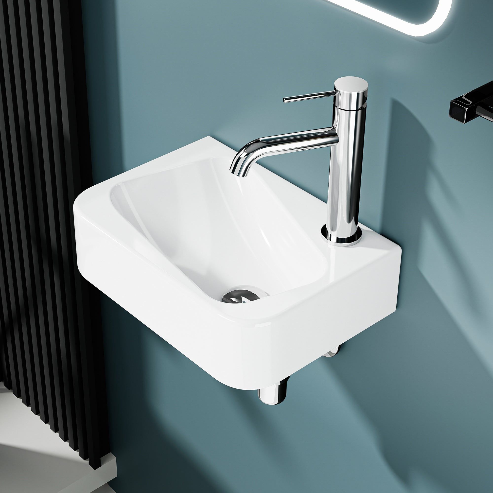 Vasque lave-mains murale asymétrique blanche en céramique, sortie droite, 36x25,5 cm.