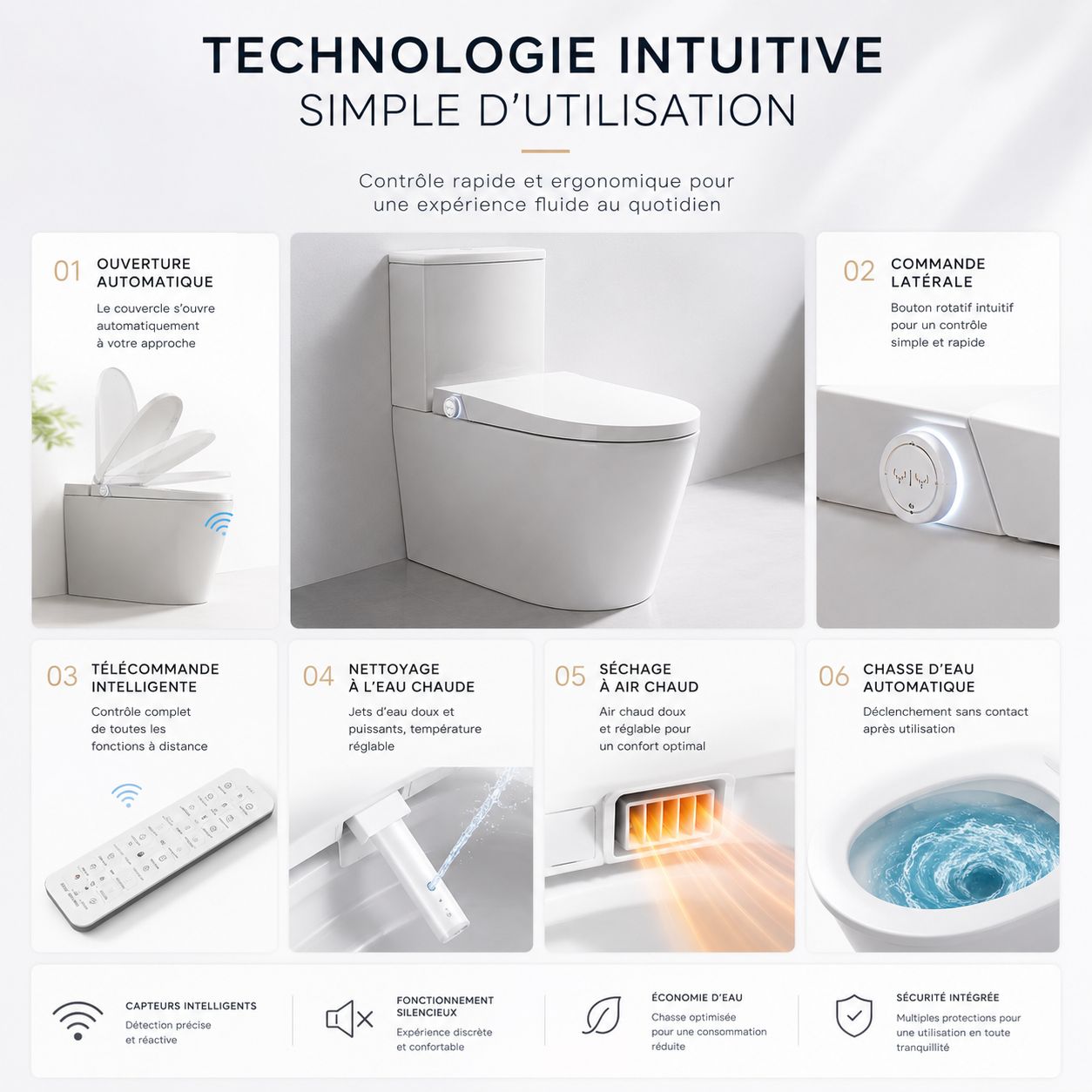 WC Intelligent Japonais T5 : Couvercle automatique, télécommande, nettoyage jets d'eau, séchage air chaud.