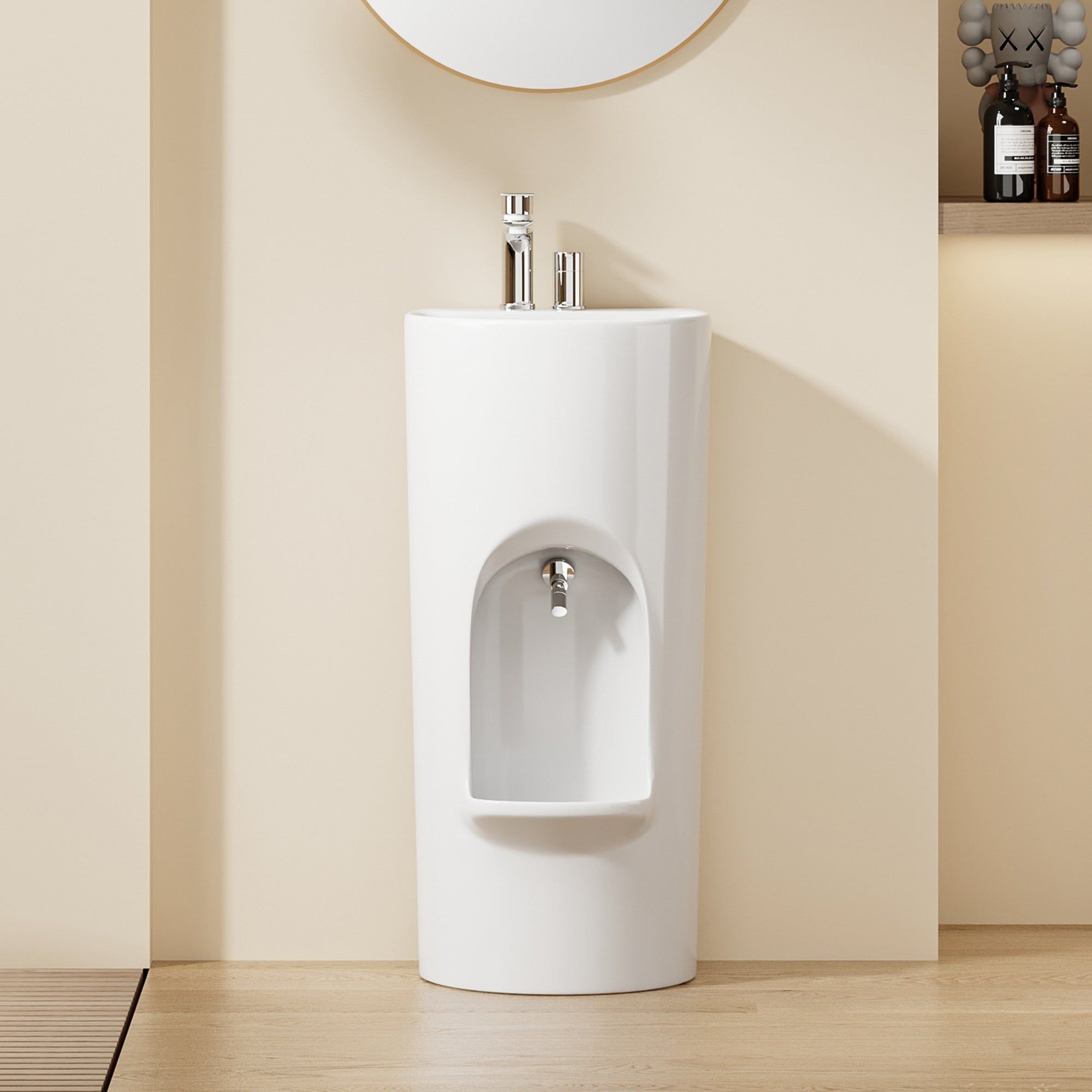 Lavabo d'ablutions Riyad blanc en céramique au design rond et fin, avec robinetterie moderne.
