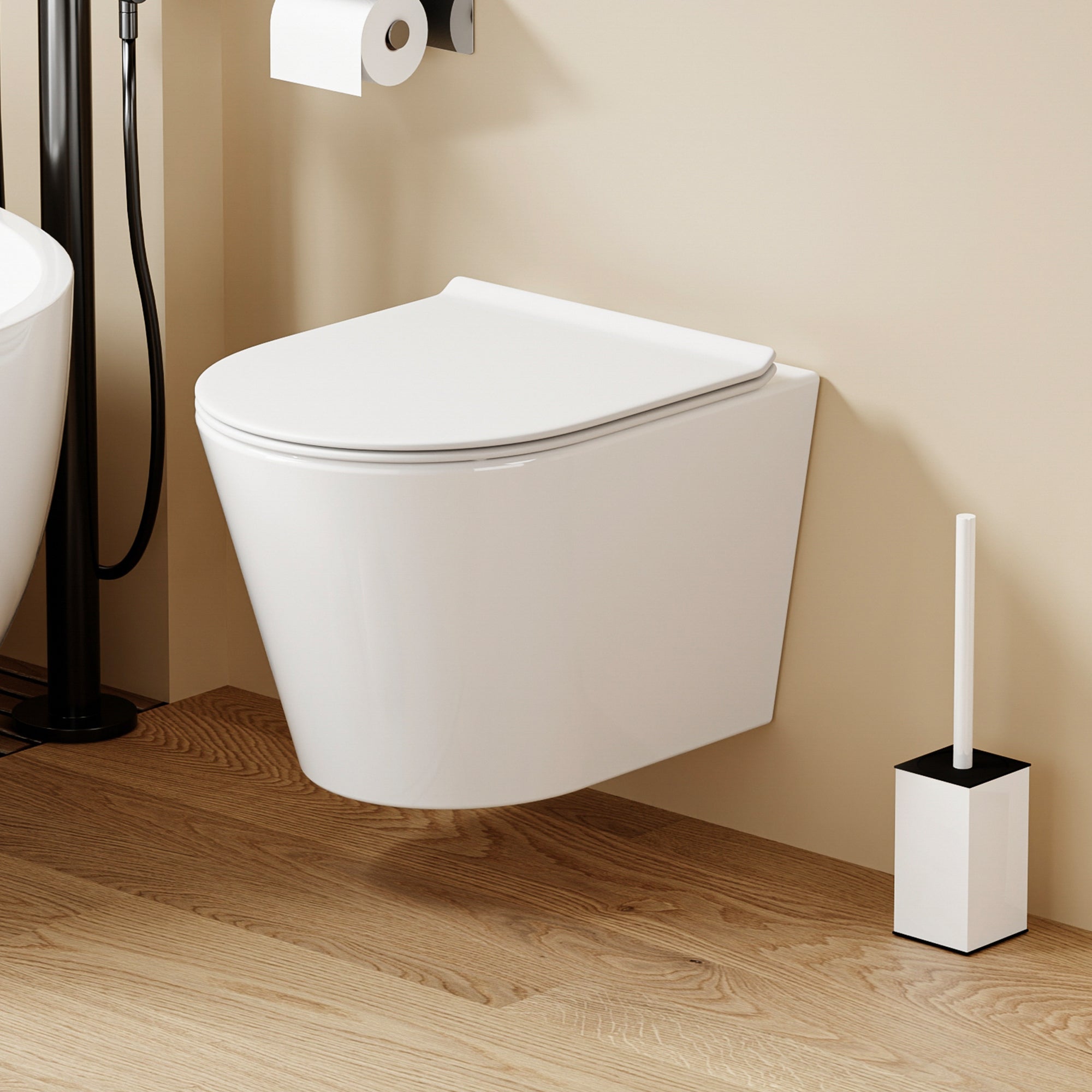 WC suspendu blanc SOLEIL au design moderne, avec abattant Soft Close et finition mate.