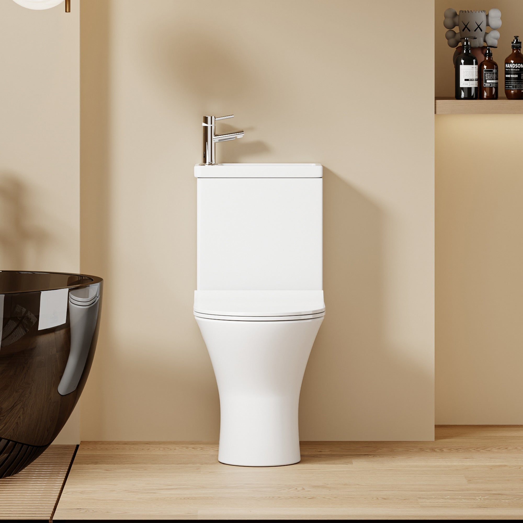 WC à poser avec lave-mains intégré 2-en-1 sans bride sortie horizontale