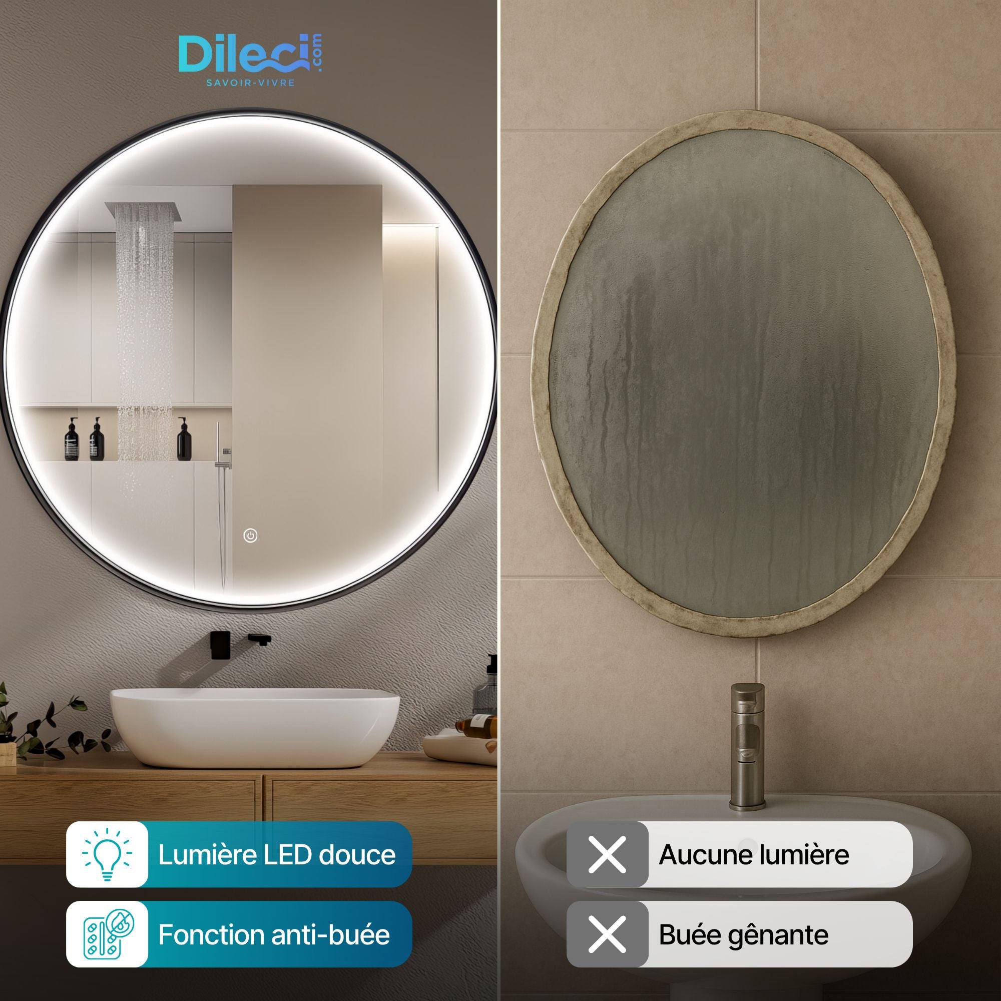 Miroir rond LED Dileci ⌀70cm, cadre aluminium noir, éclairage doux, fonction anti-buée pour salle de bain moderne.