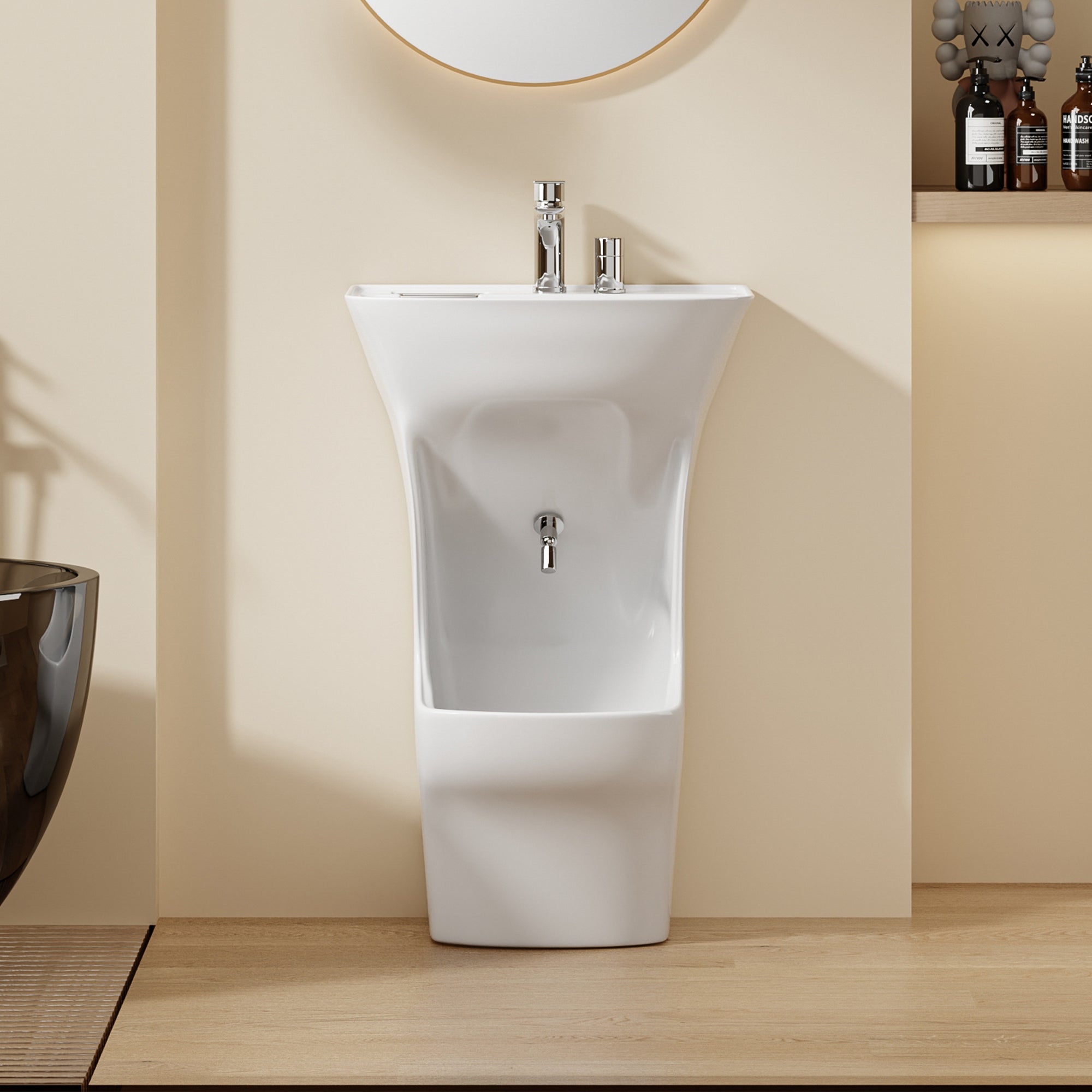 Lavabo d'angle Beyrouth blanc au design arrondi avec porte-savon intégré.