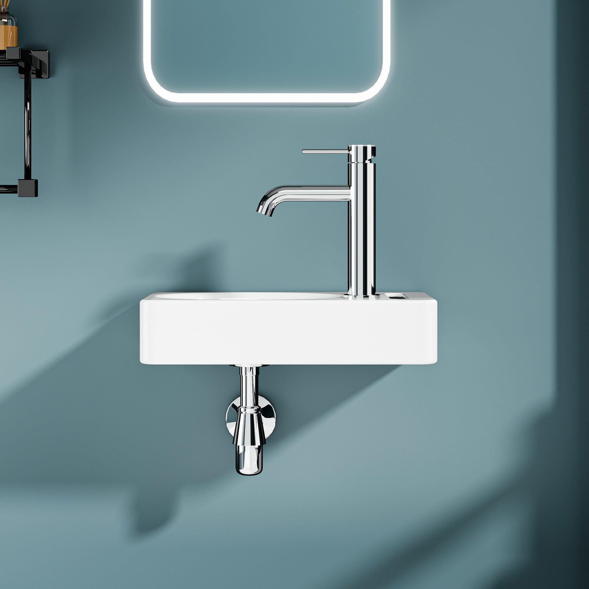 Vasque lave-mains murale PORTO en céramique blanche avec porte-serviette intégré (39,5x22cm).