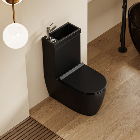 WC 2 en 1 Noir : WC noir moderne et lavabo intégré combinés, design arrondi peu encombrant.