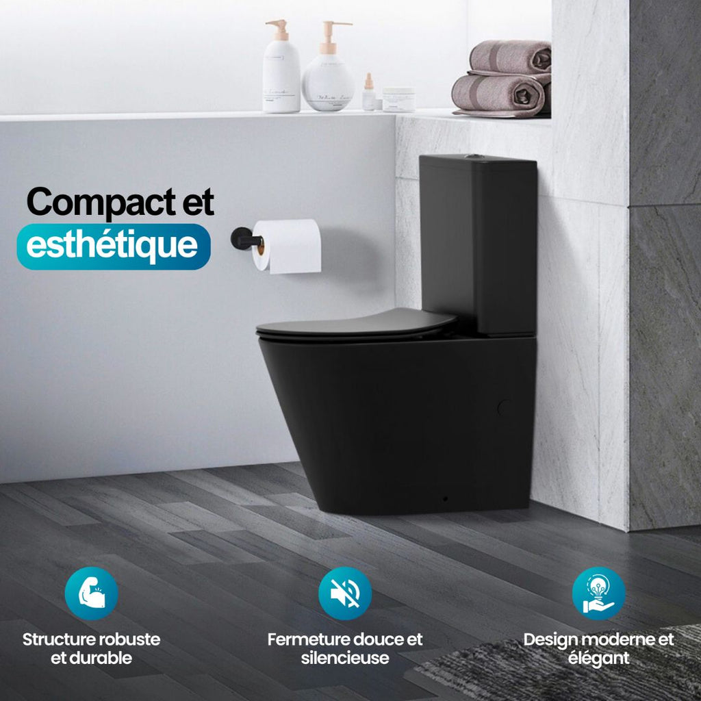 WC Noir Mat à poser : WC sur pied noir mat élégant et compact avec abattant à fermeture amortie.