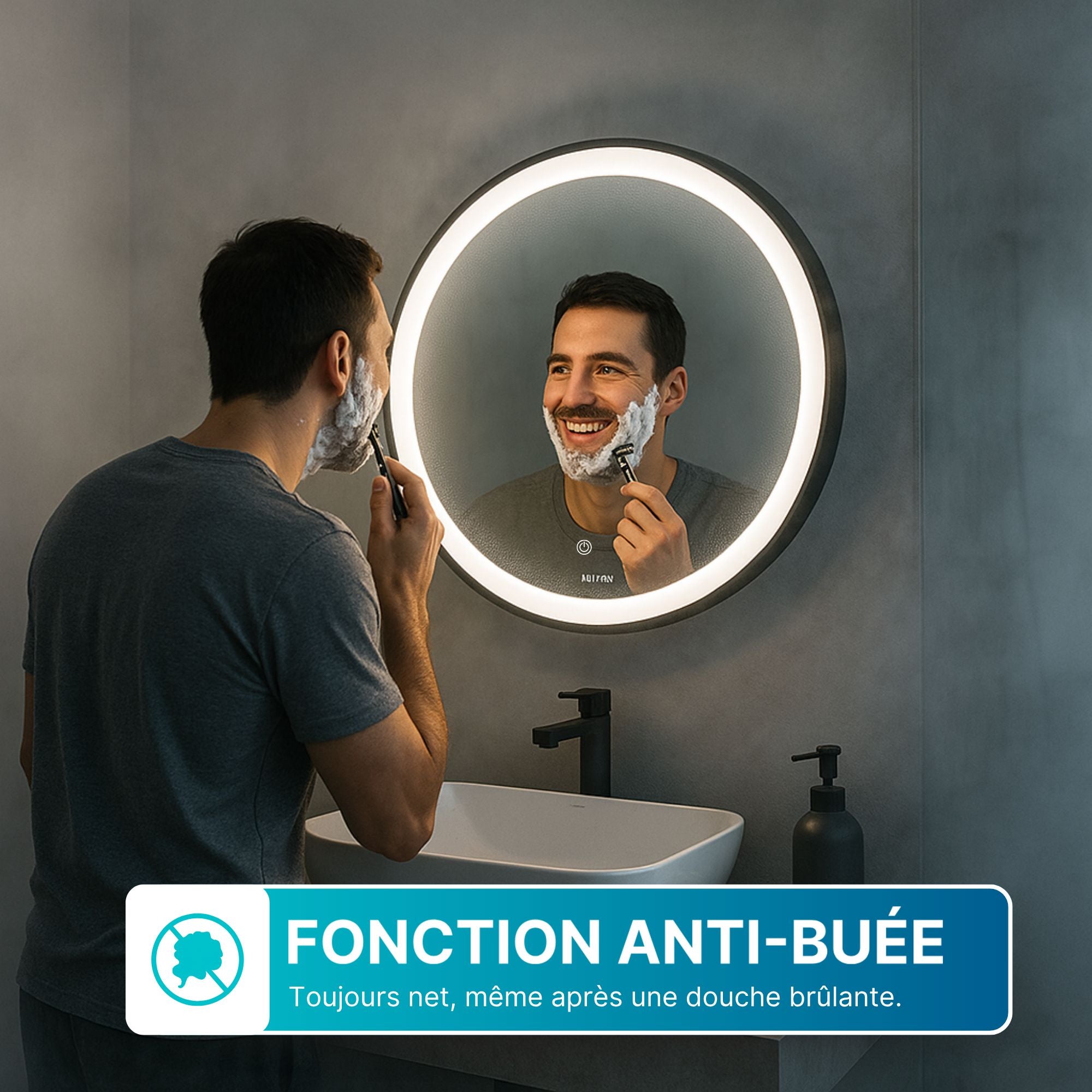 Miroir rond LED Ø70 cm avec cadre en aluminium noir