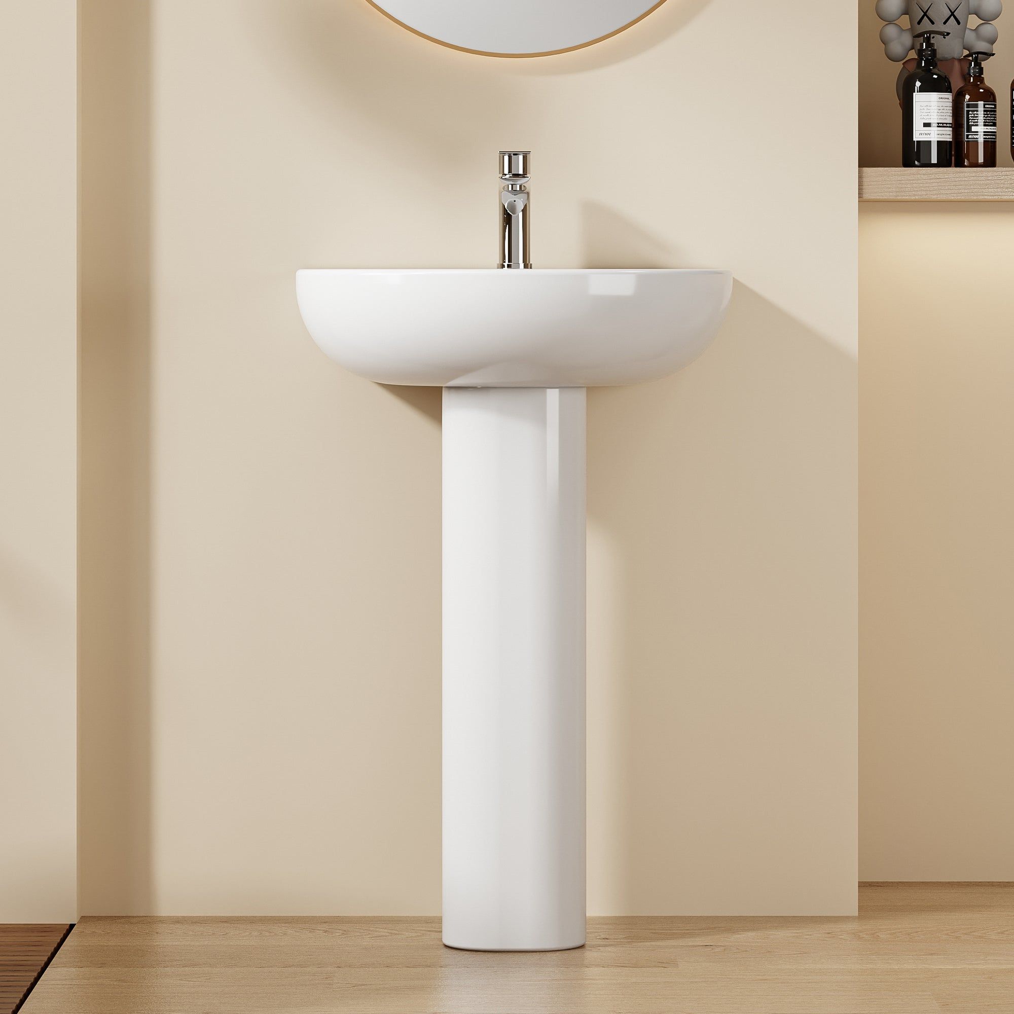 Lavabo sur pied colonne en céramique blanche au design arrondi moderne