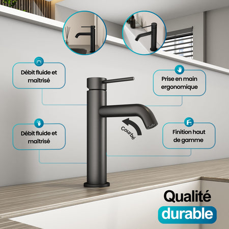 Robinet à bec pour salle de bain couleur gris metallisé: élégant robinet noir mat, design moderne, débit fluide, prise en main ergonomique.