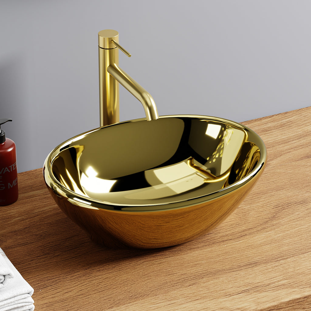 Vasque ovale en or brillant (41,5 x 33,5 cm), lavabo de salle de bain moderne avec robinet doré