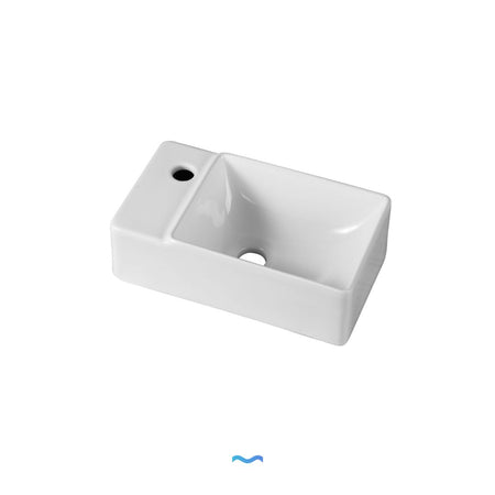 Lavabo mural rectangulaire en céramique blanche, petit format. Idéal pour les petites salles de bains.