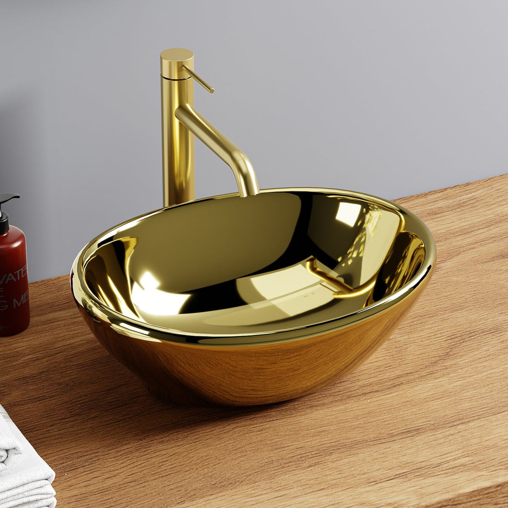 Vasque ovale en or brillant (41,5 x 33,5 cm), lavabo de salle de bain moderne avec robinet doré