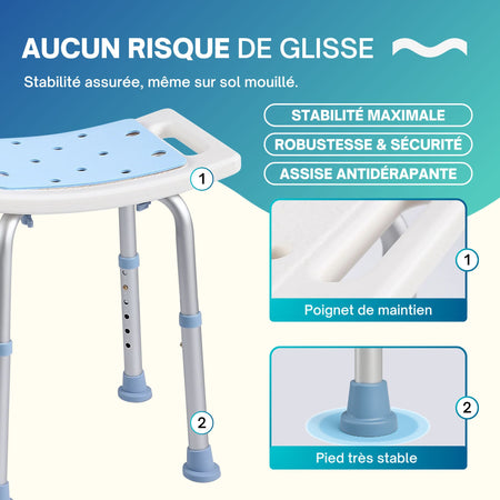 Chaise de douche PMR antidérapante avec poignée de maintien et pied très stable pour sécurité maximale.