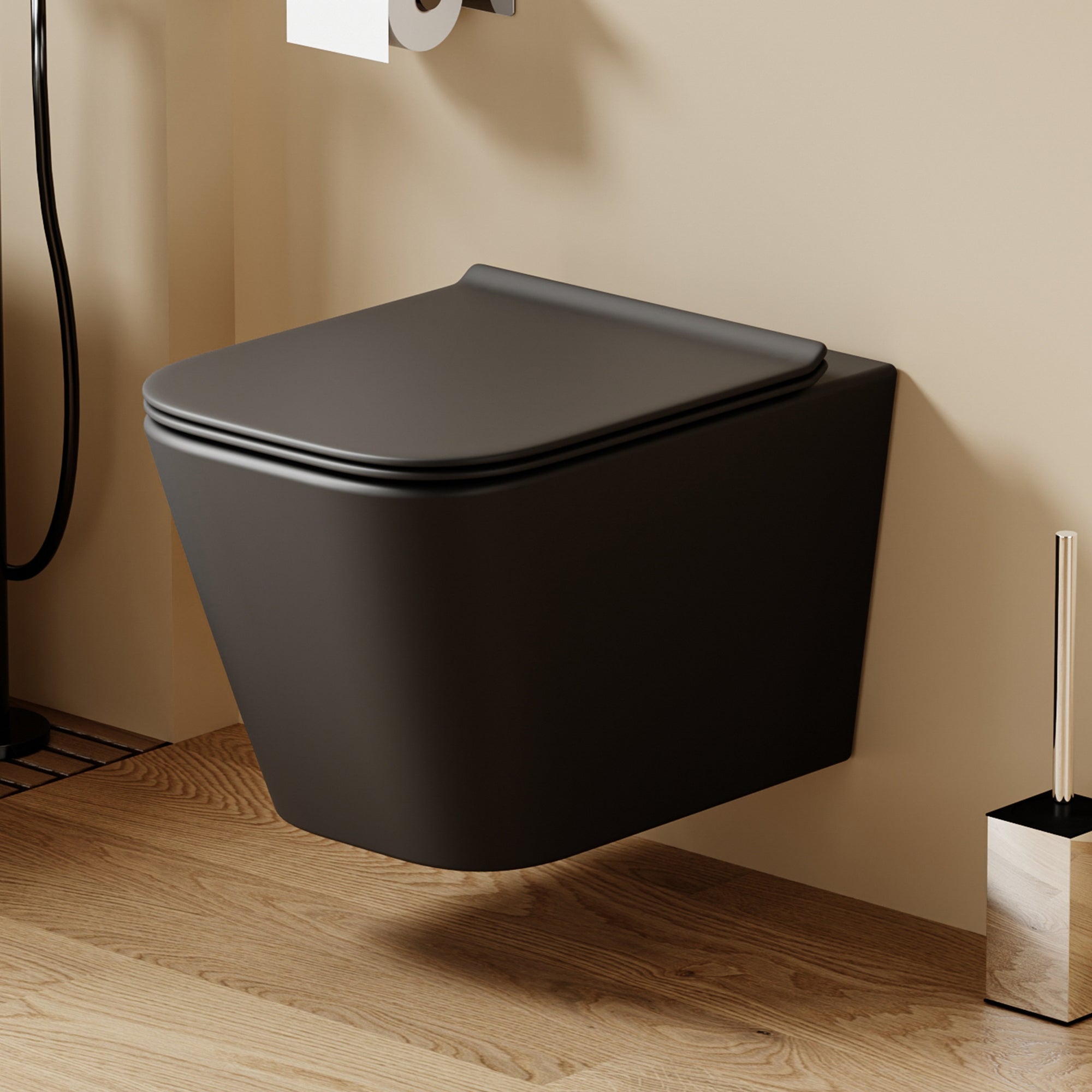 WC suspendu carré arrondi noir LUNE, dimensions 51,5x35x32 cm, avec abattant Soft Close.