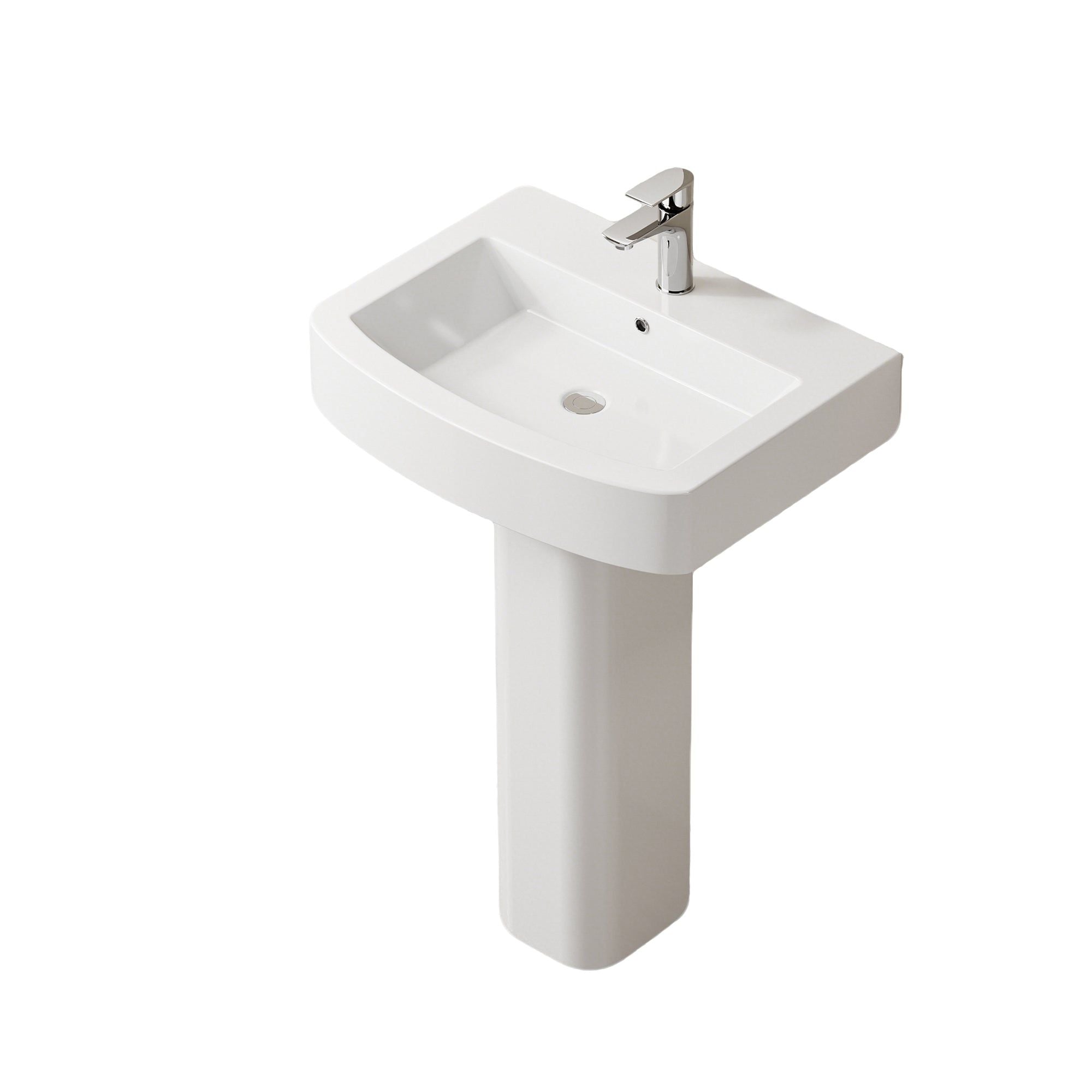Lavabo colonne sur pied blanc, design carré arrondi, céramique moderne avec robinetterie chrome