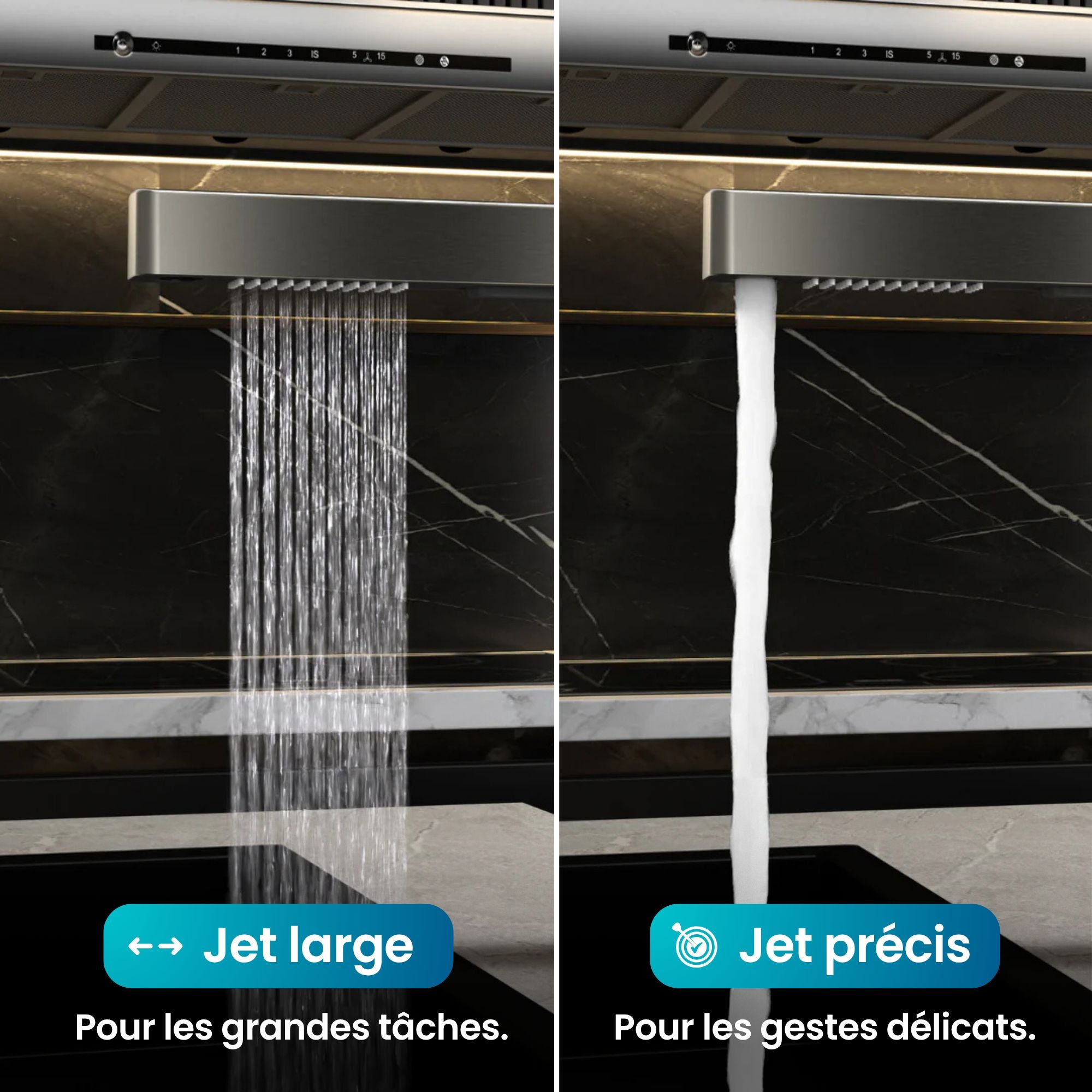 Robinet moderne multifonction gris métalisé:  Douchette de cuisine avec deux jets, large et précis, pour un nettoyage efficace.