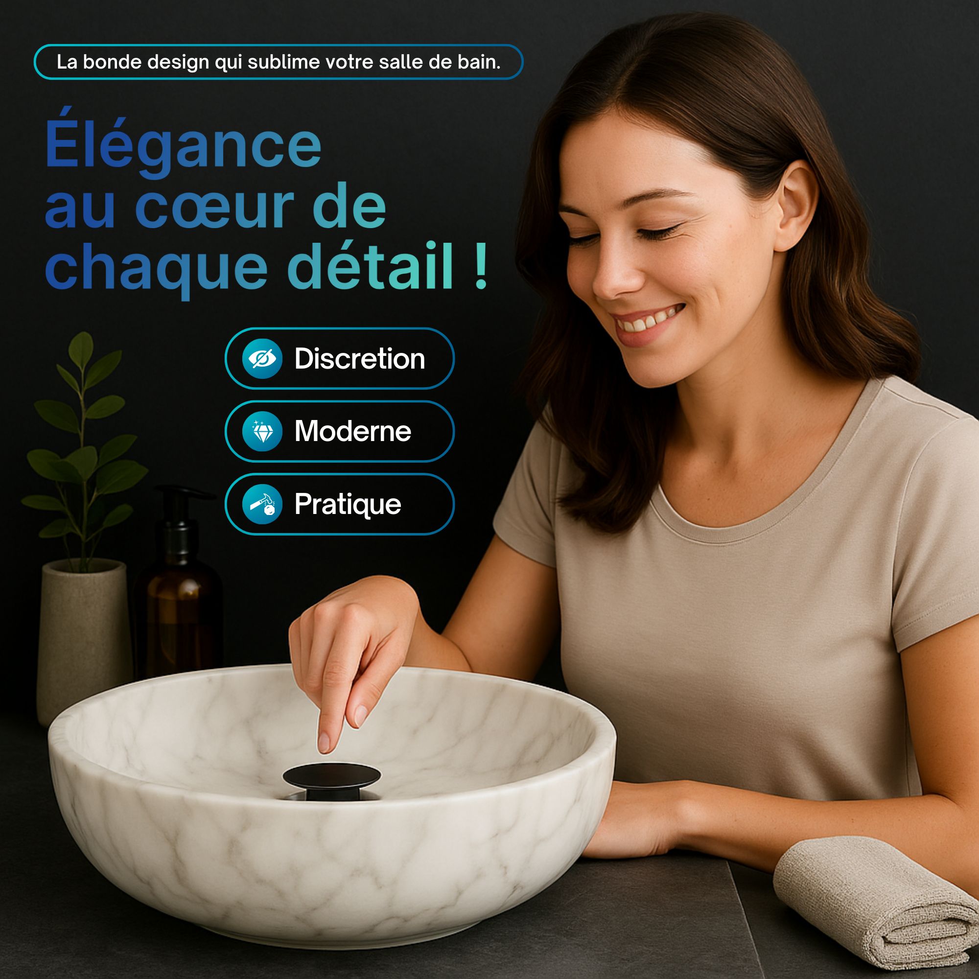 Bonde Pop-Up noir mat : Bouchon de vidange pop-up noir élégant dans un élégant lavabo de salle de bain en marbre.