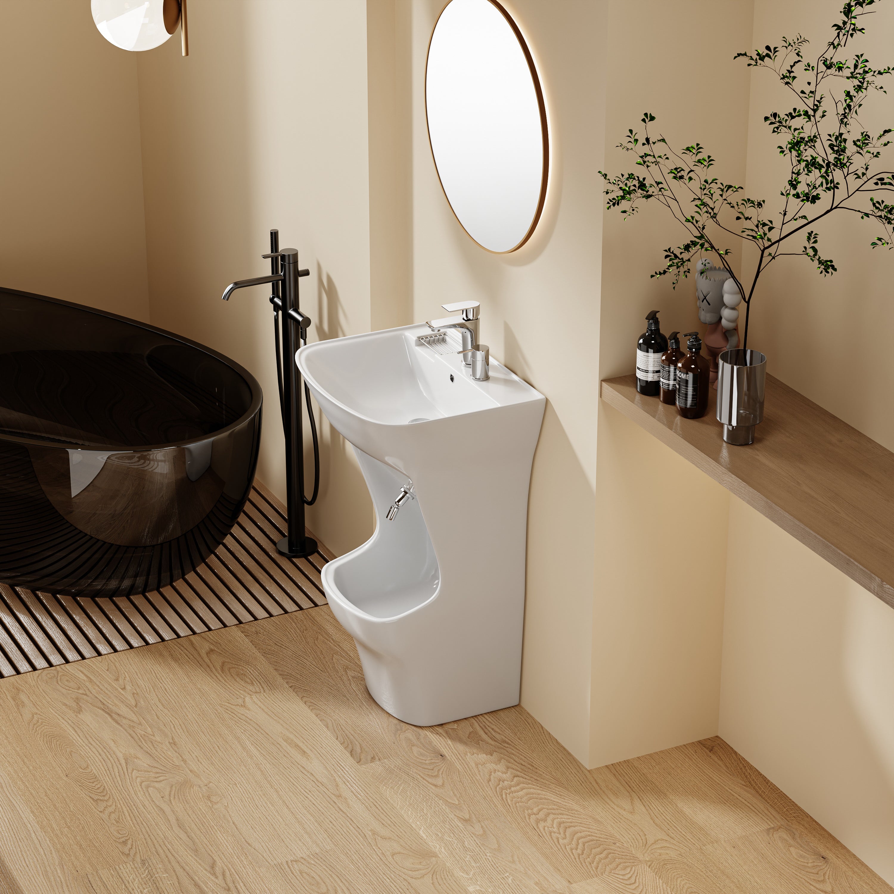 Lavabo d’ablutions Beyrouth blanc design arrondi avec porte-savon intégré et robinetterie chromée.
