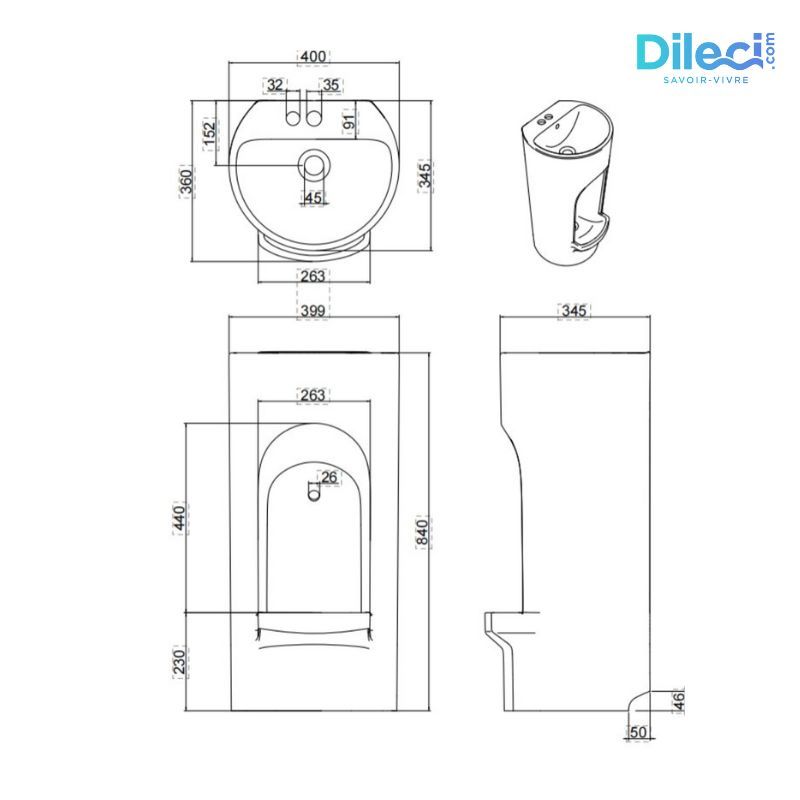 Lavabo d'ablutions Riyad : schéma technique détaillé avec dimensions, design rond et fin.