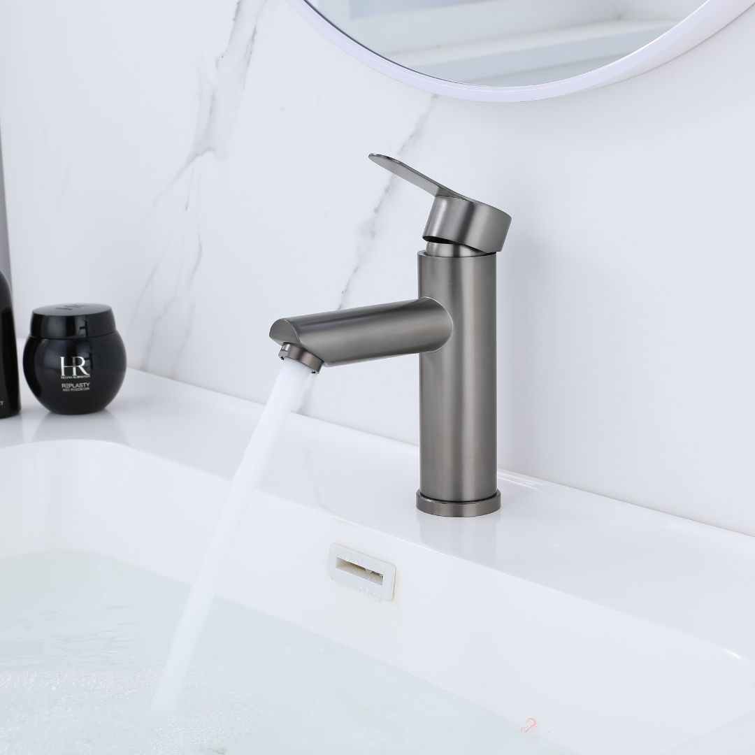 Robinet de lavabo de salle de bain gris bronze, design compact, style moderne
