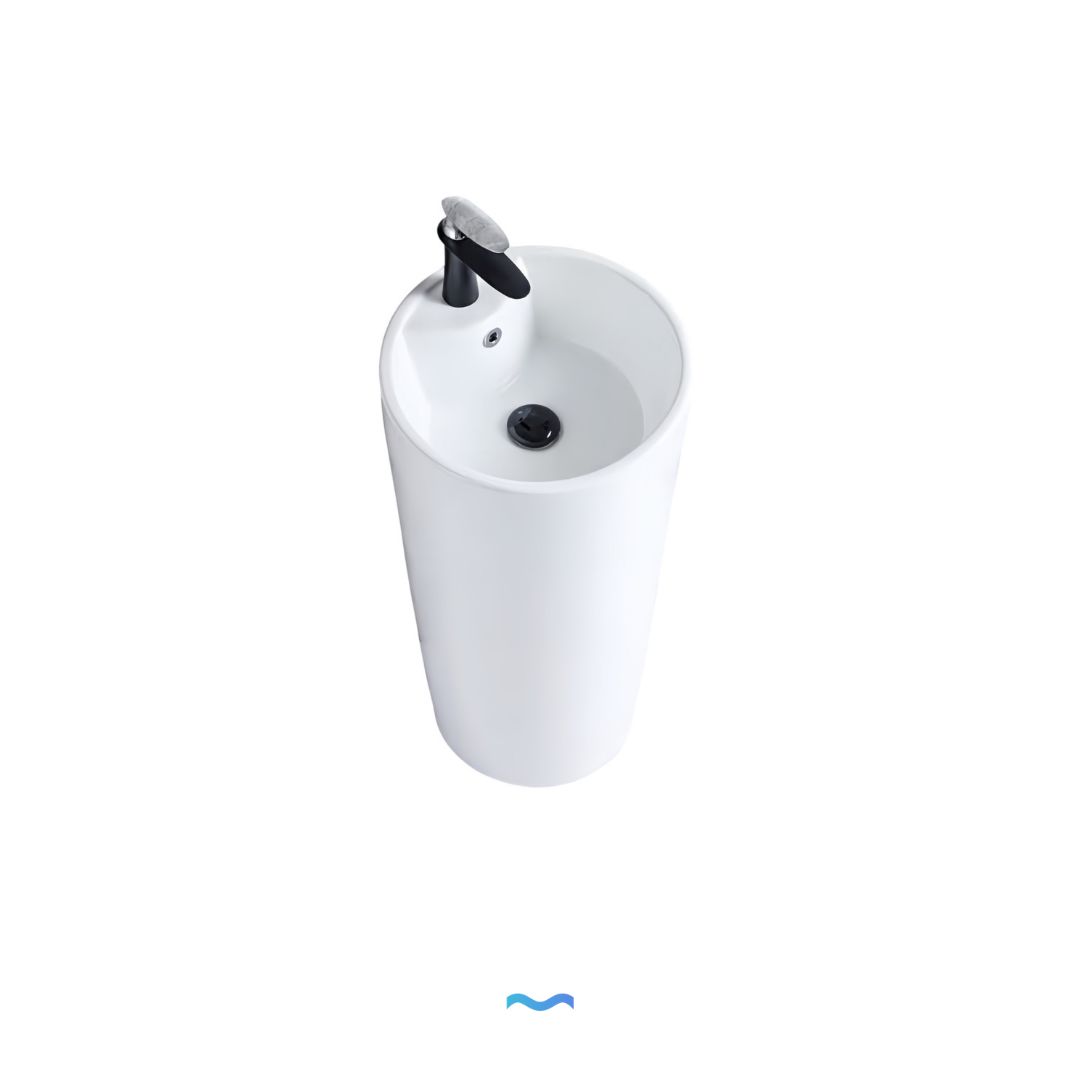 Lavabo Totem Design Arrondi et Épuré Blanc : Lavabo sur colonne blanc moderne au design épuré et arrondi avec robinet intégré.