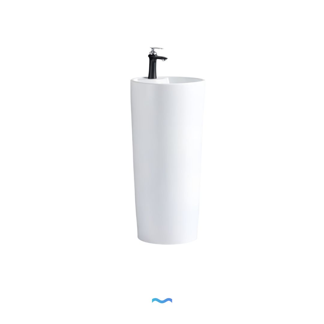 Lavabo Totem Design Arrondi et Épuré Blanc : Lavabo sur colonne blanc élégant au design moderne et rond et robinet noir épuré.