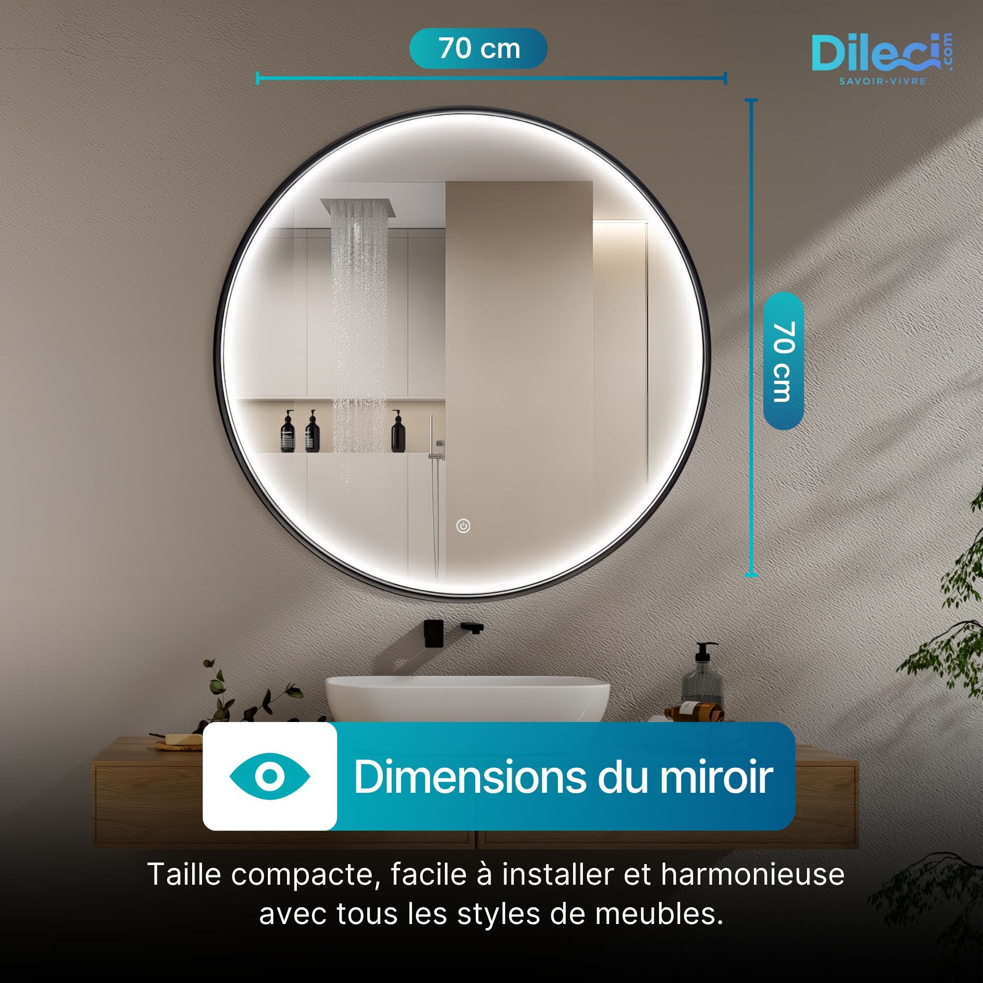 Miroir rond LED avec cadre aluminium noir ⌀70cm. Design moderne pour salle de bain.