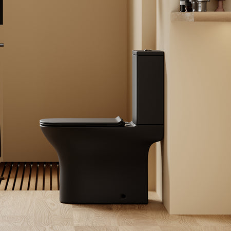 WC noir à poser, sortie horizontale, design rectiligne, 63x34x76cm.